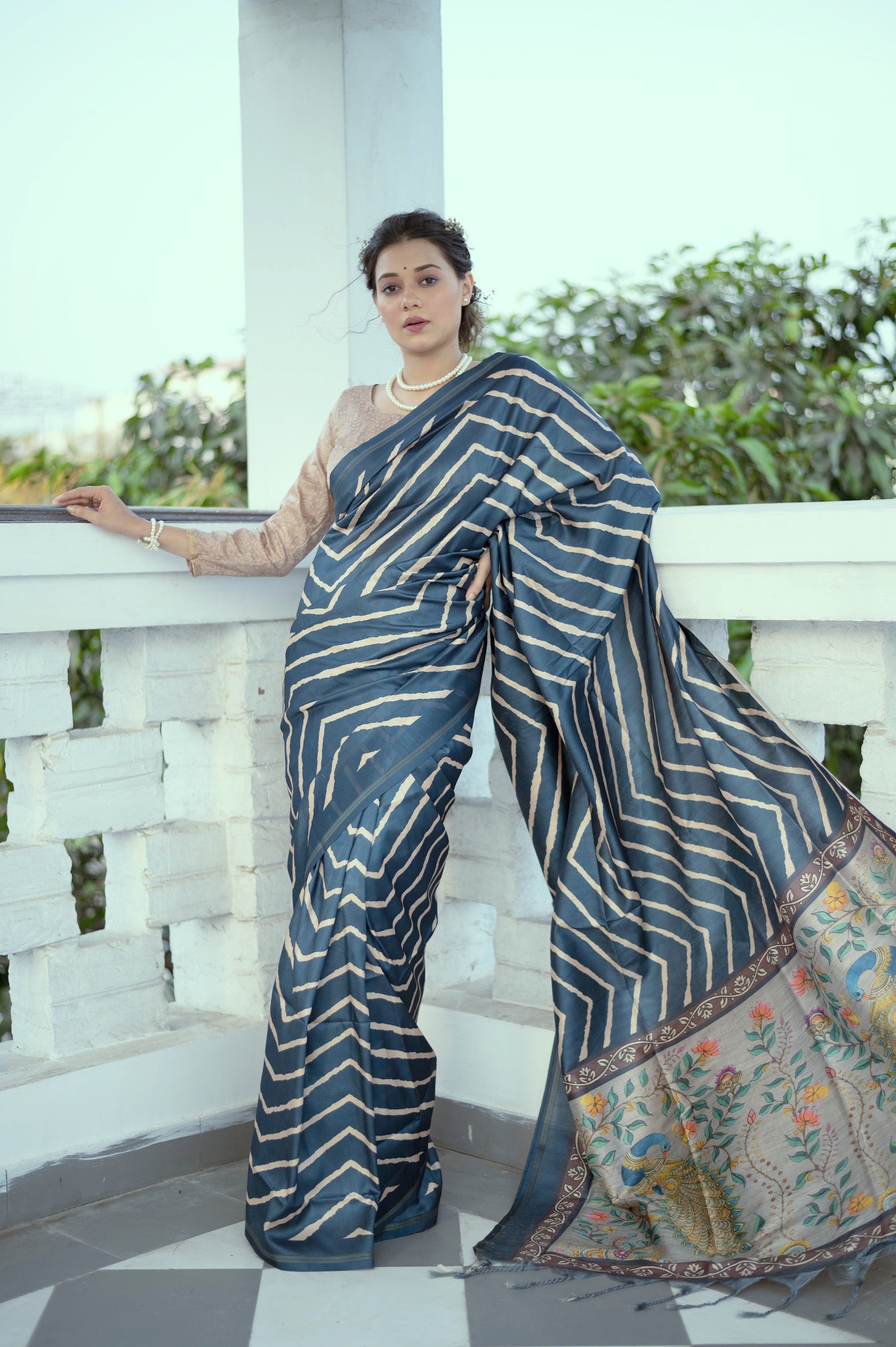 Jyoti Fashion Women's Blue Tussar Silk Leheriya Print with Zari Border Saree with Blouse | Swadesiicart