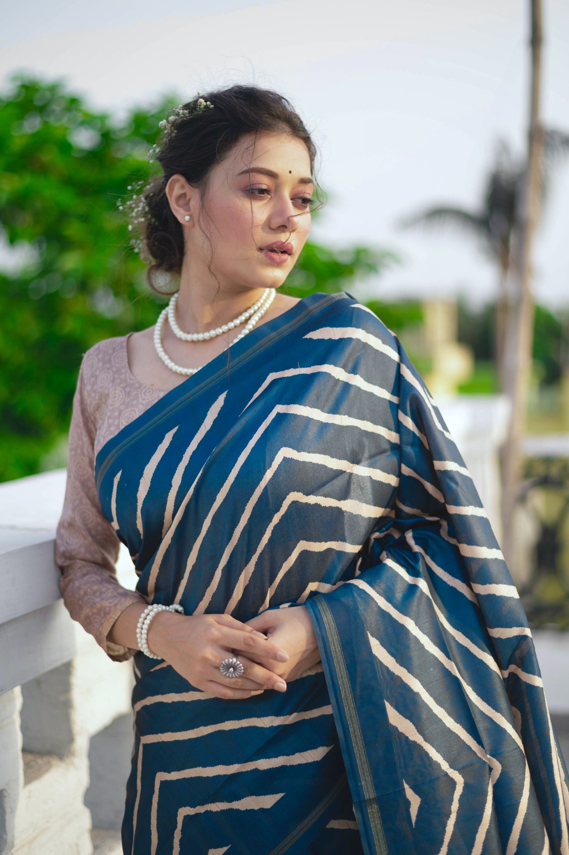 Jyoti Fashion Women's Blue Tussar Silk Leheriya Print with Zari Border Saree with Blouse | Swadesiicart