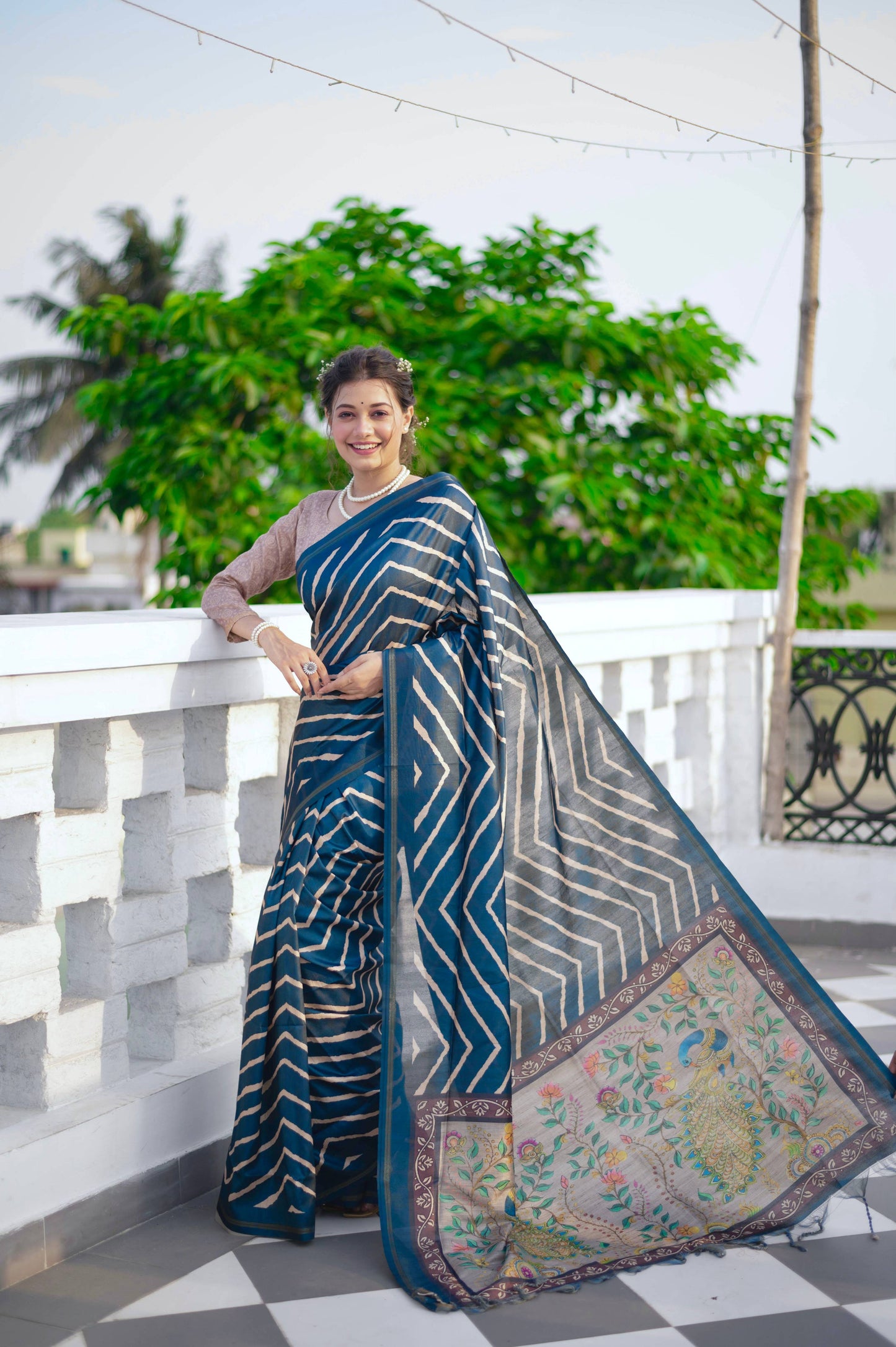 Jyoti Fashion Women's Blue Tussar Silk Leheriya Print with Zari Border Saree with Blouse | Swadesiicart