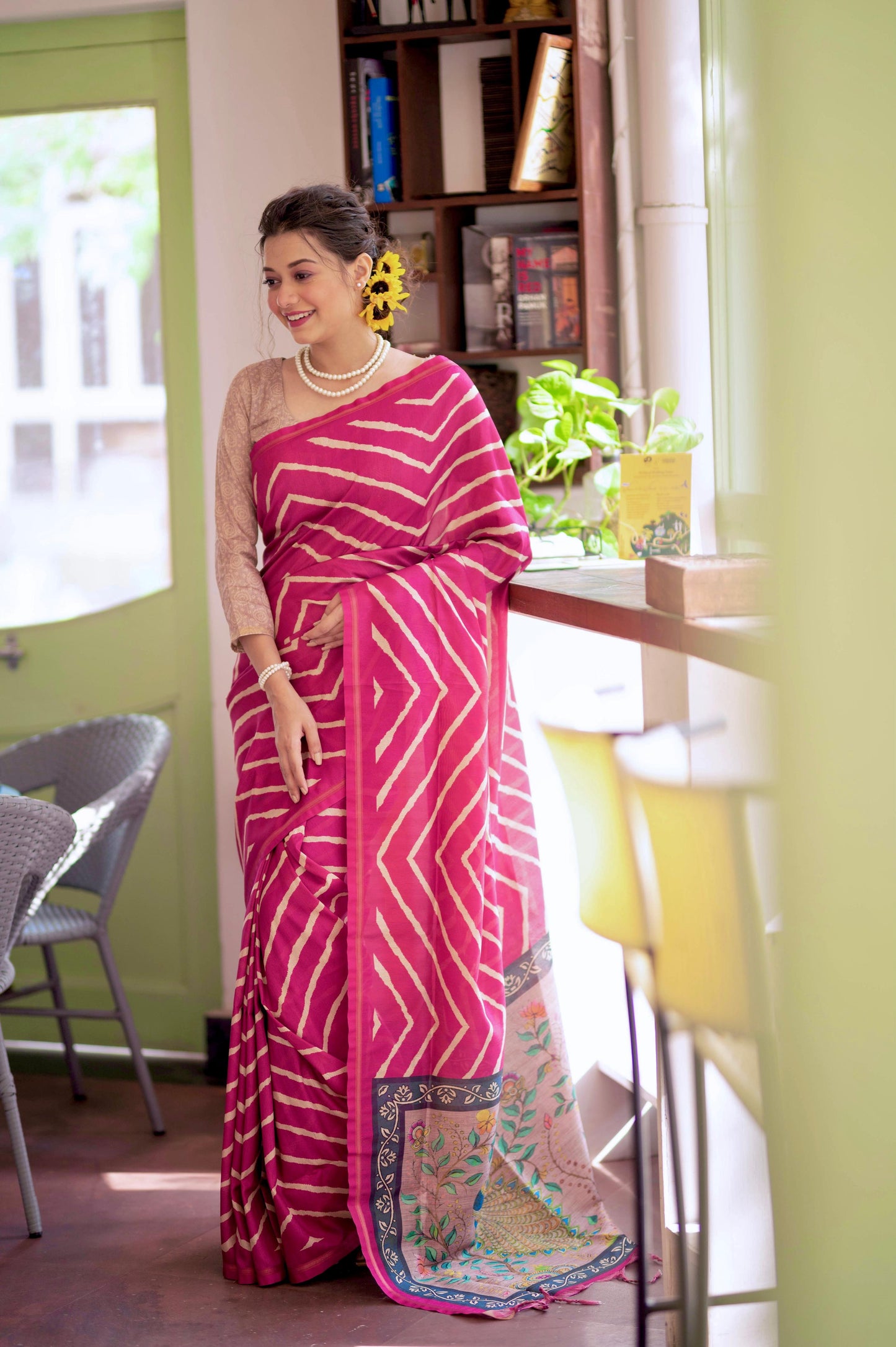 Jyoti Fashion Women's Pink Tussar Silk Leheriya Print with Zari Border Saree with Blouse | Swadesiicart
