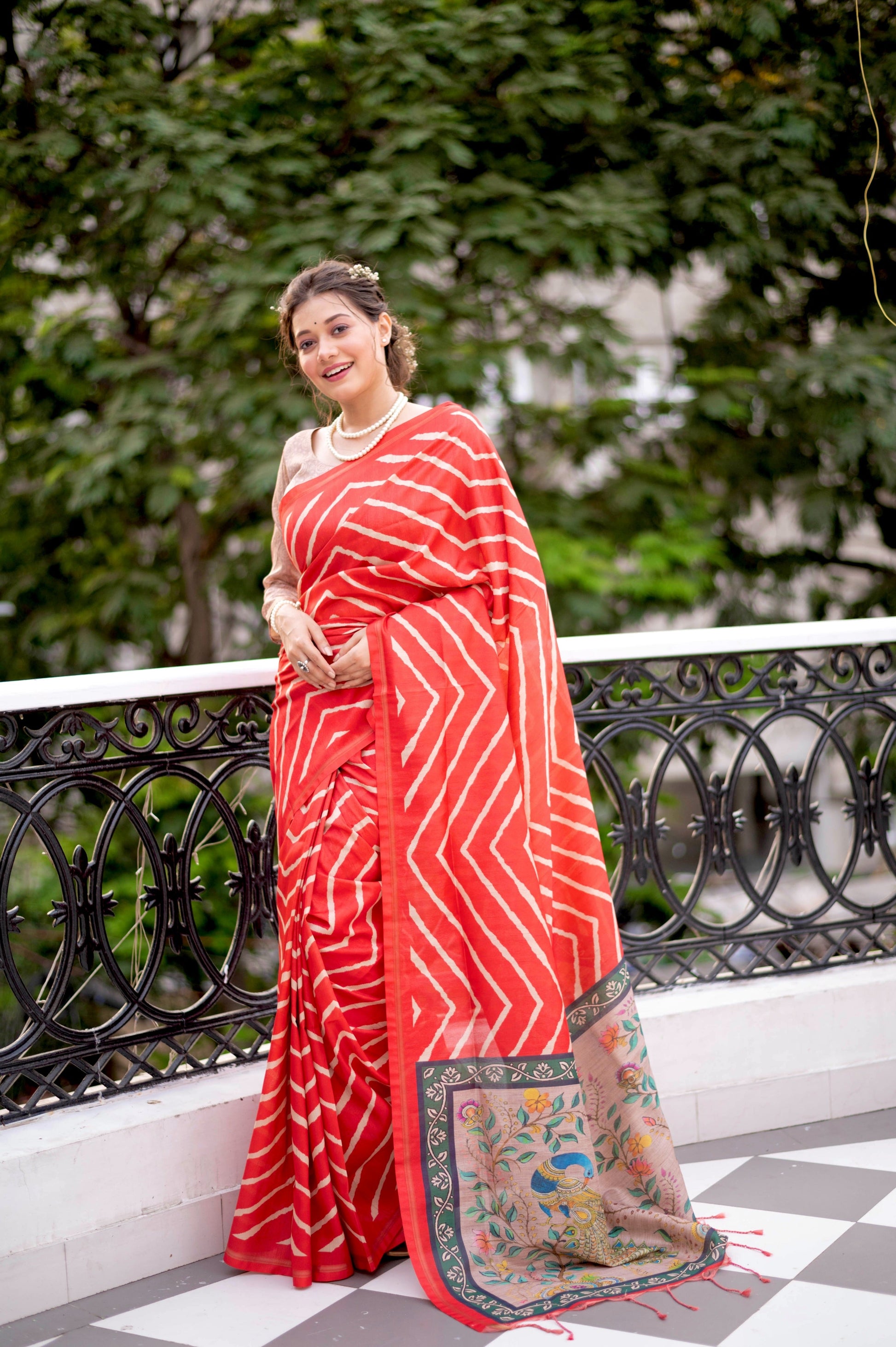 Jyoti Fashion Women's Red Tussar Silk Leheriya Print with Zari Border Saree with Blouse | Swadesiicart