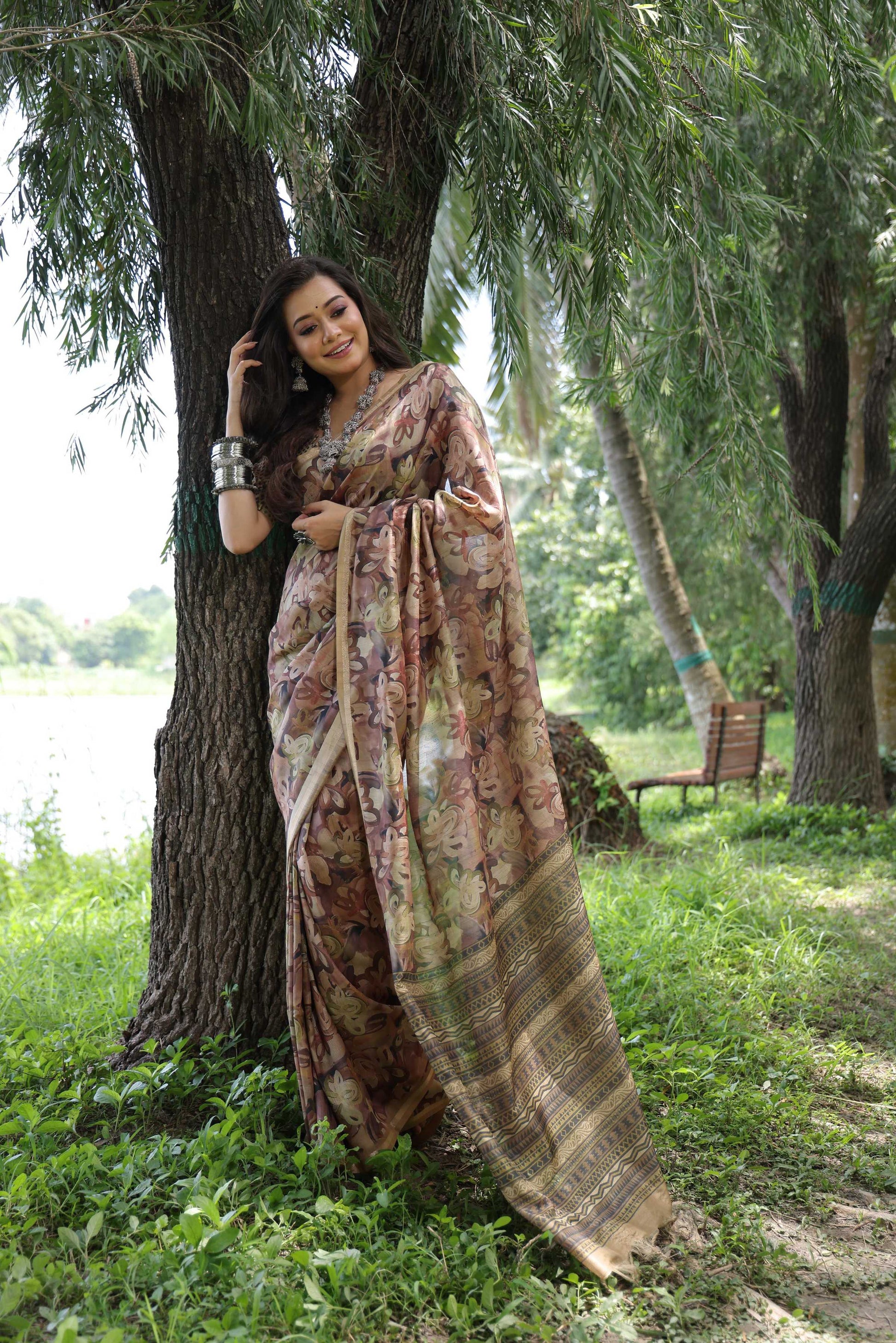 Jyoti Fashion Women's Coffee Soft Tussar Silk Printed and Zari Woven Saree with Blouse | Swadesiicart