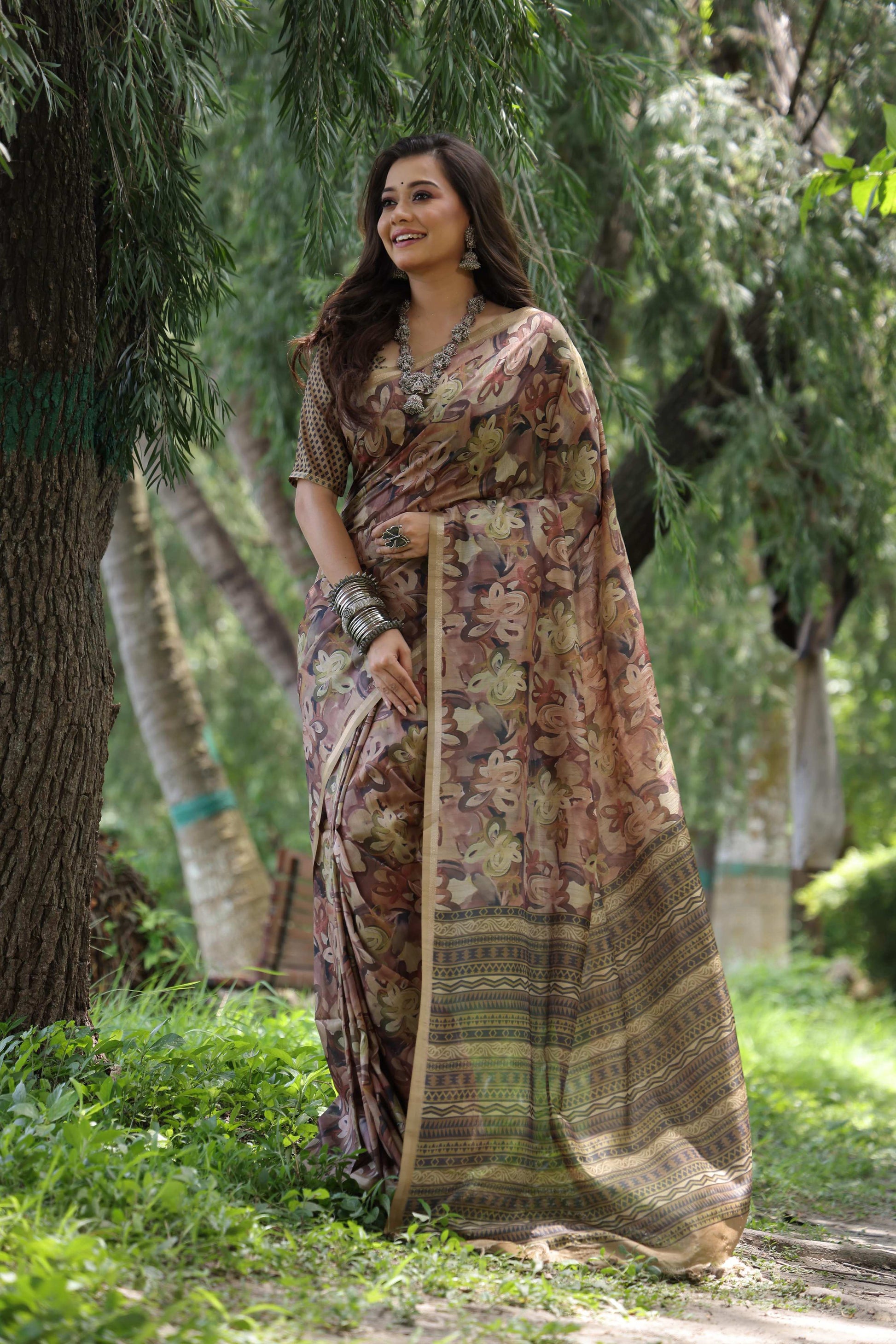 Jyoti Fashion Women's Coffee Soft Tussar Silk Printed and Zari Woven Saree with Blouse | Swadesiicart