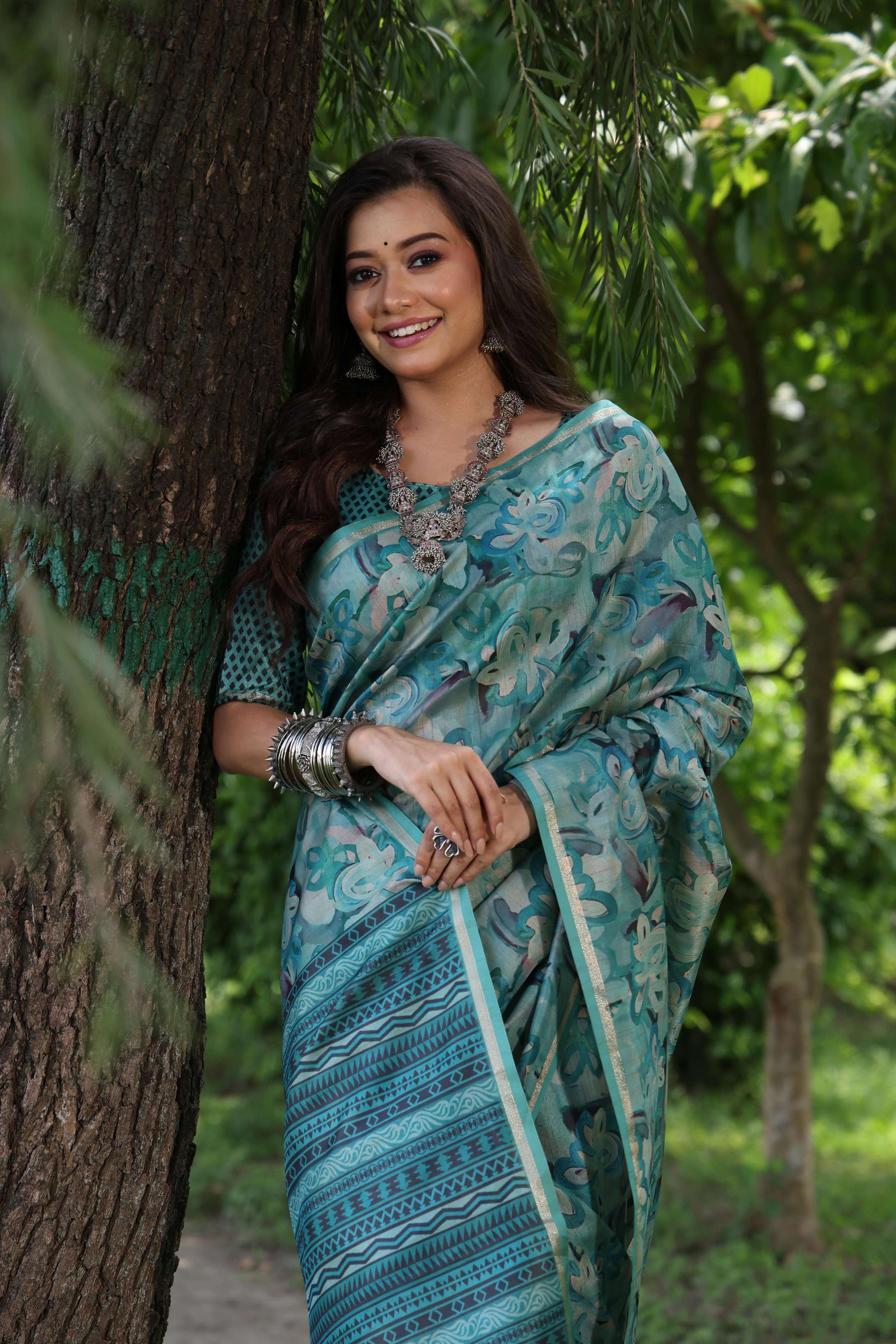 Jyoti Fashion Women's Sky Blue Soft Tussar Silk Printed and Zari Woven Saree with Blouse | Swadesiicart