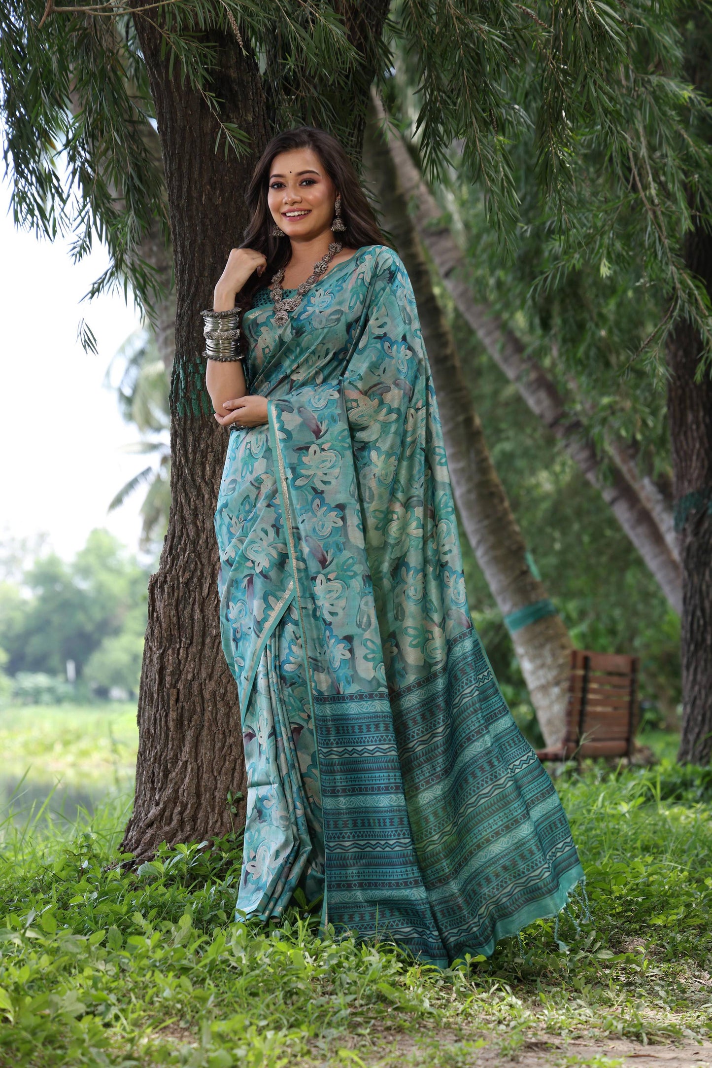 Jyoti Fashion Women's Sky Blue Soft Tussar Silk Printed and Zari Woven Saree with Blouse | Swadesiicart