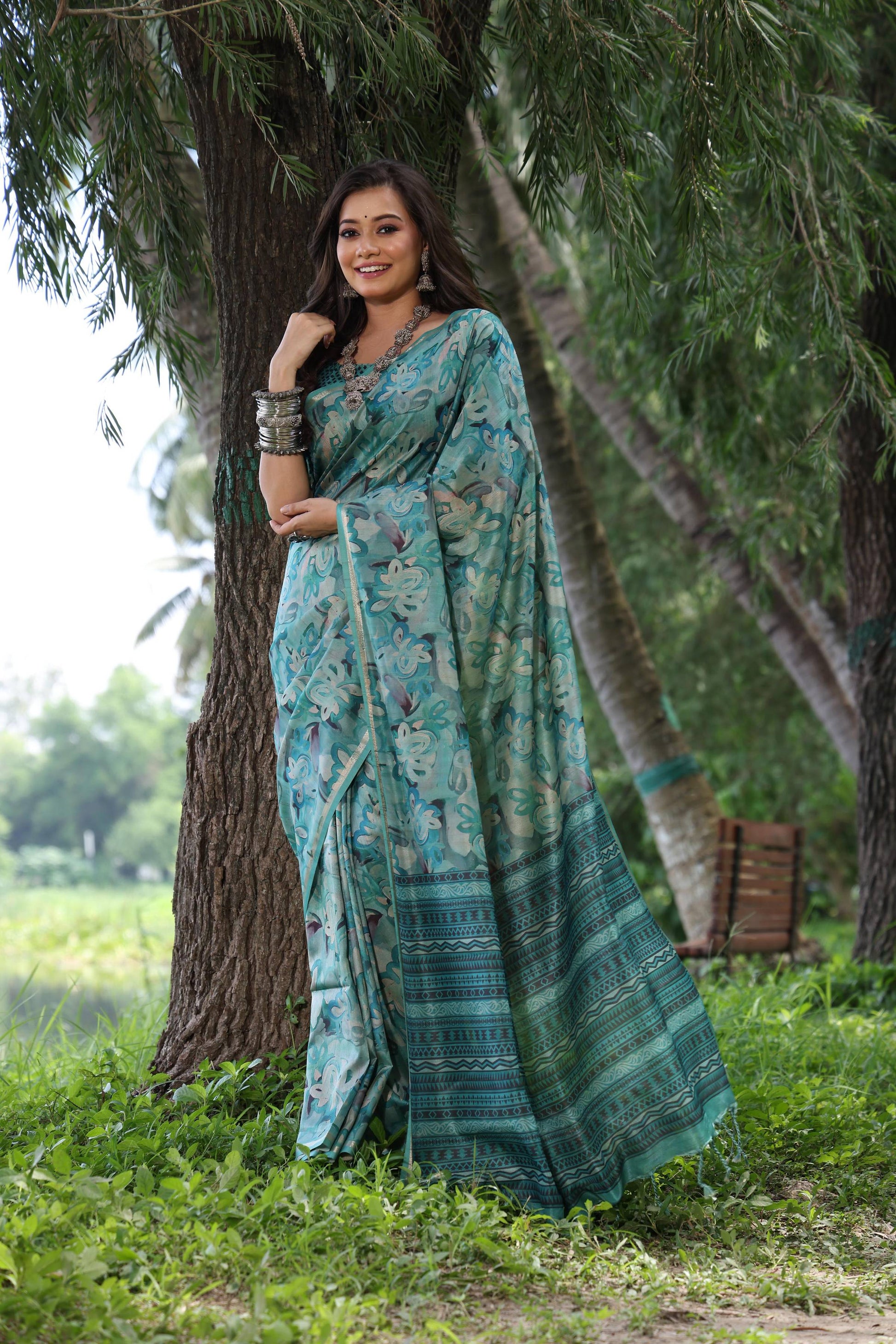 Jyoti Fashion Women's Sky Blue Soft Tussar Silk Printed and Zari Woven Saree with Blouse | Swadesiicart