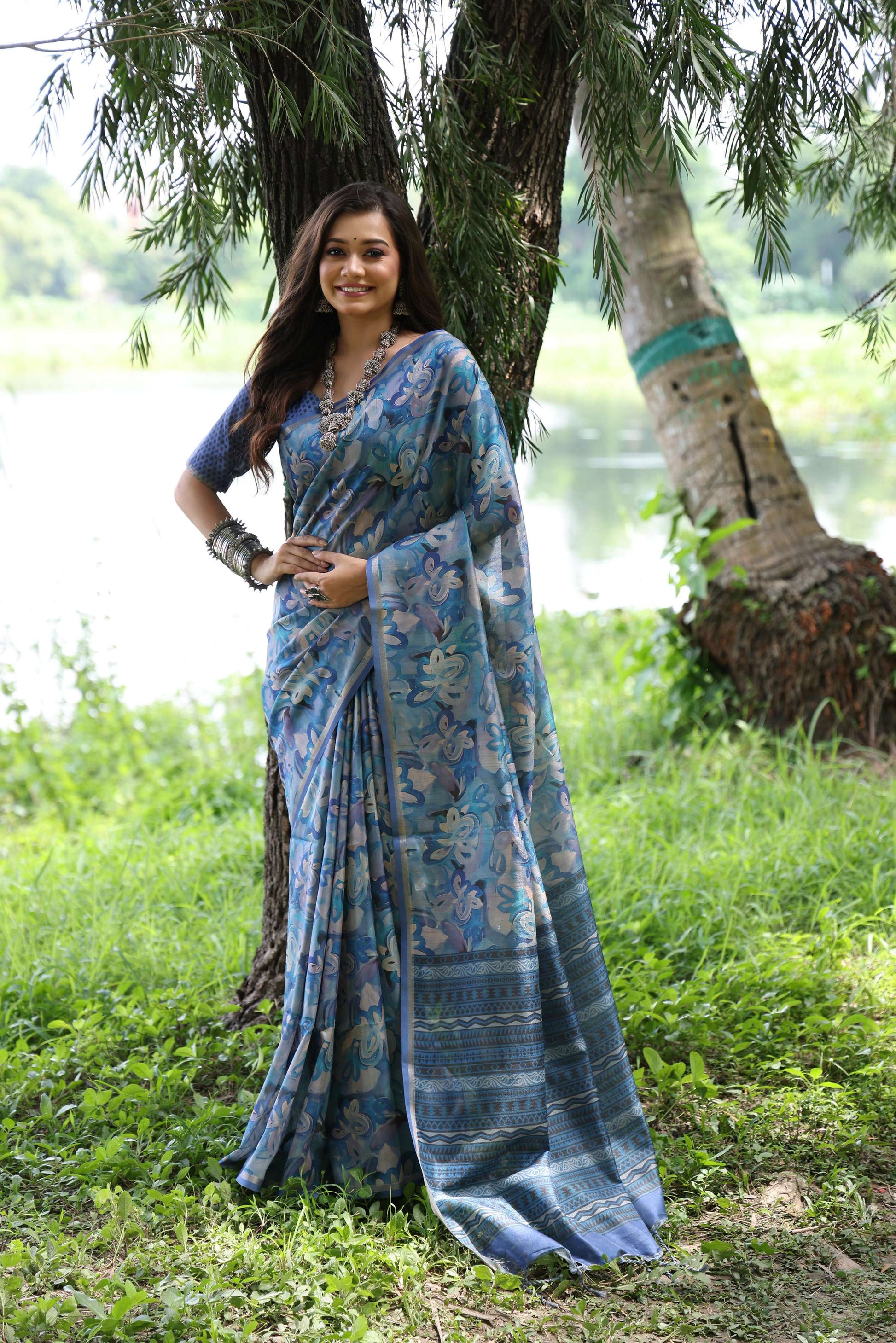 Jyoti Fashion Women's Blue Soft Tussar Silk Printed and Zari Woven Saree with Blouse | Swadesiicart