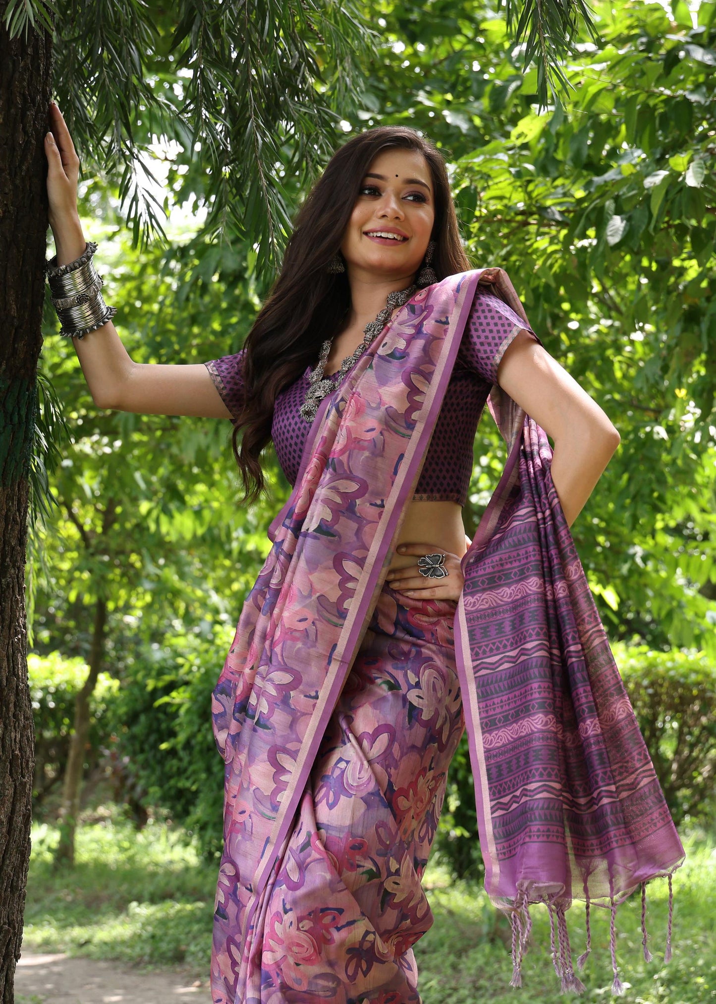 Jyoti Fashion Women's Purple Soft Tussar Silk Printed and Zari Woven Saree with Blouse | Swadesiicart