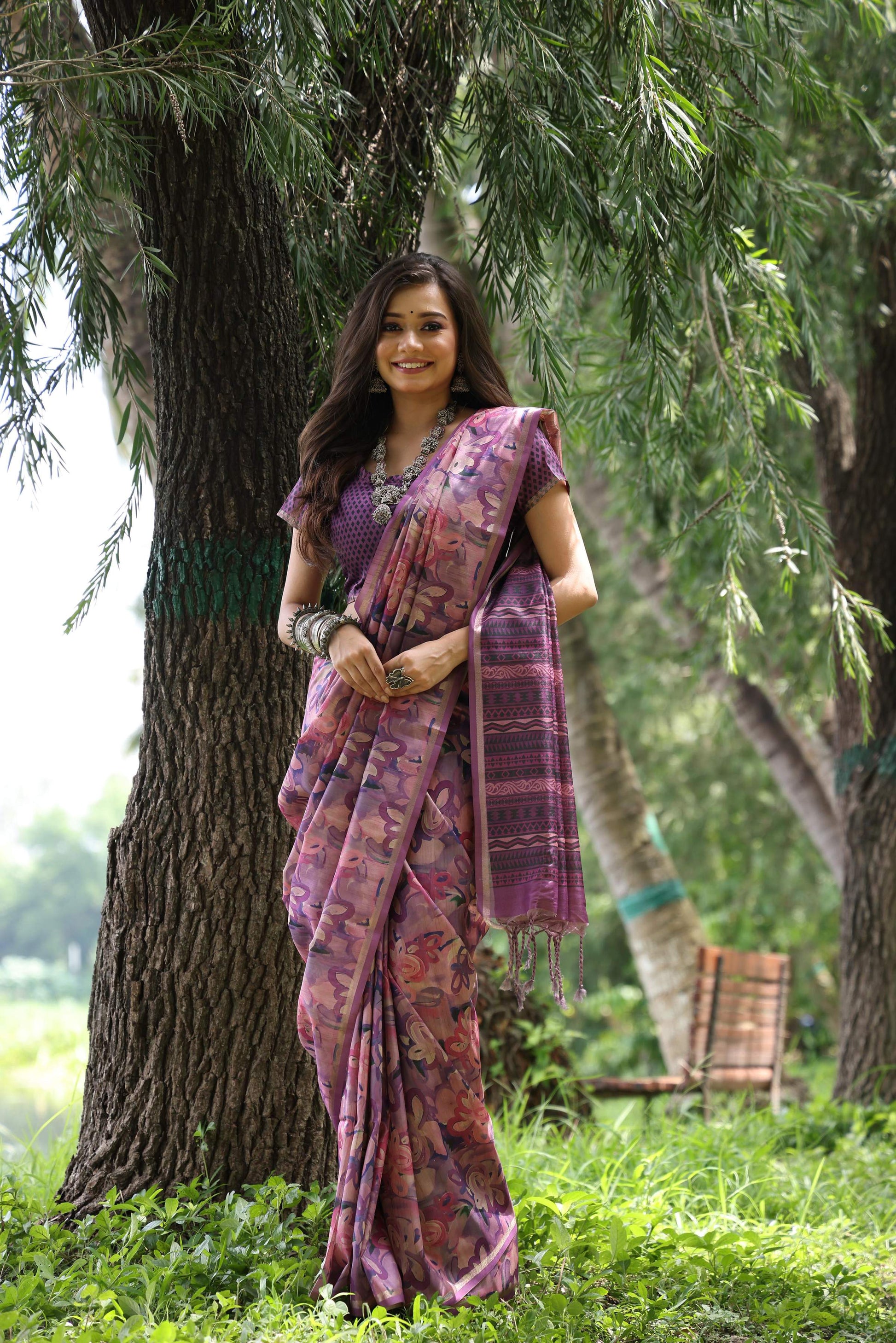 Jyoti Fashion Women's Purple Soft Tussar Silk Printed and Zari Woven Saree with Blouse | Swadesiicart