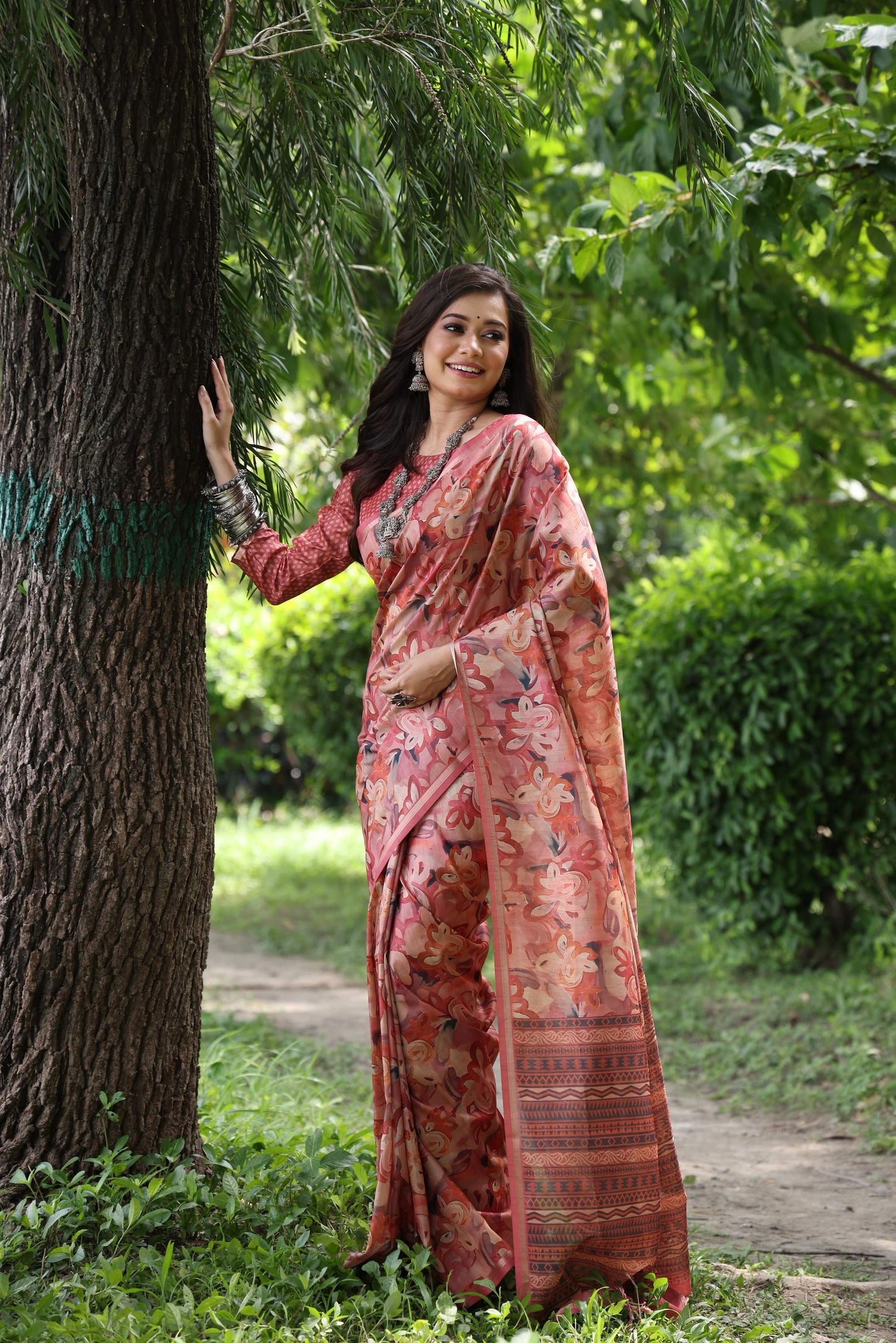 Jyoti Fashion Women's Maroon Soft Tussar Silk Printed and Zari Woven Saree with Blouse | Swadesiicart