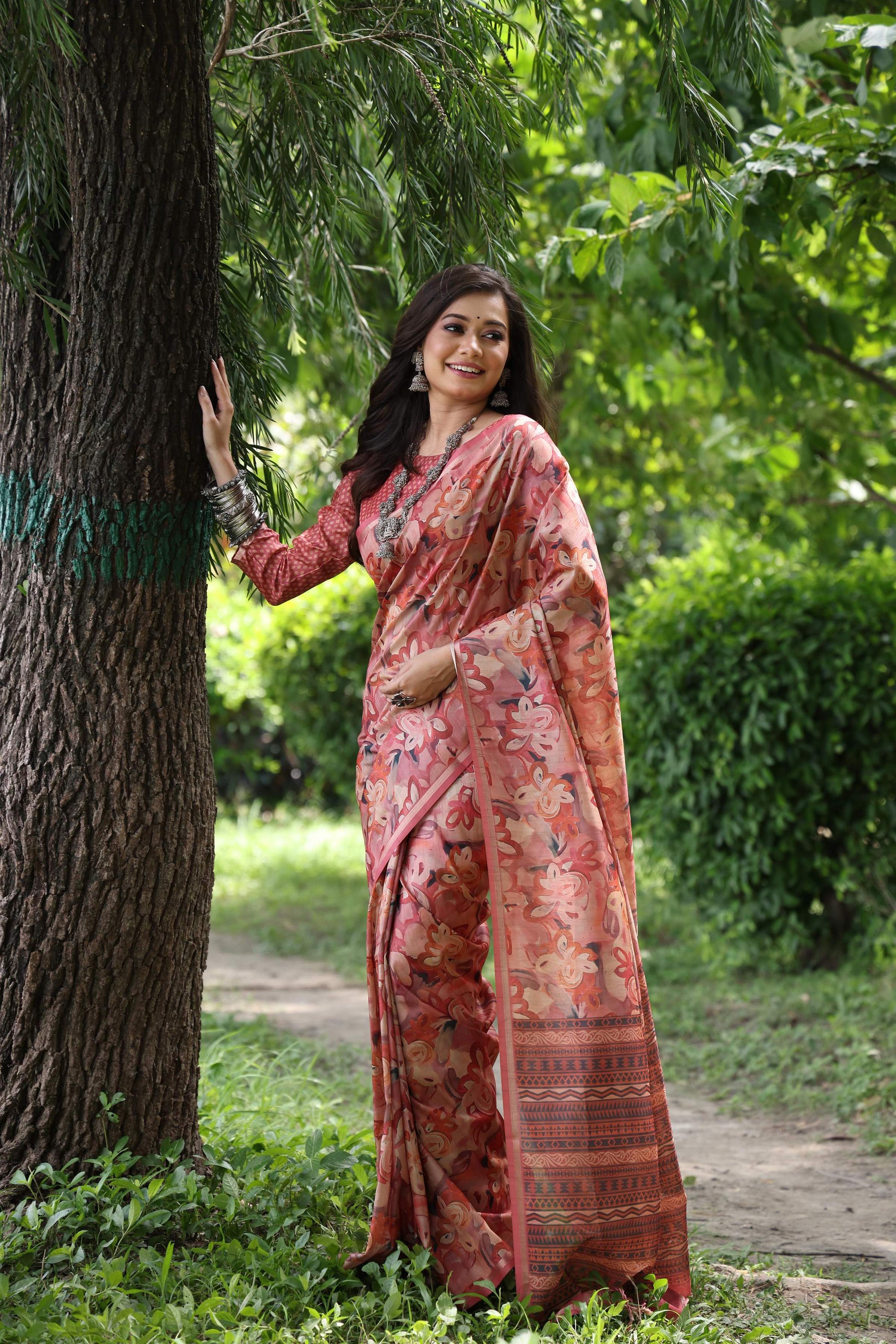 Jyoti Fashion Women's Maroon Soft Tussar Silk Printed and Zari Woven Saree with Blouse | Swadesiicart