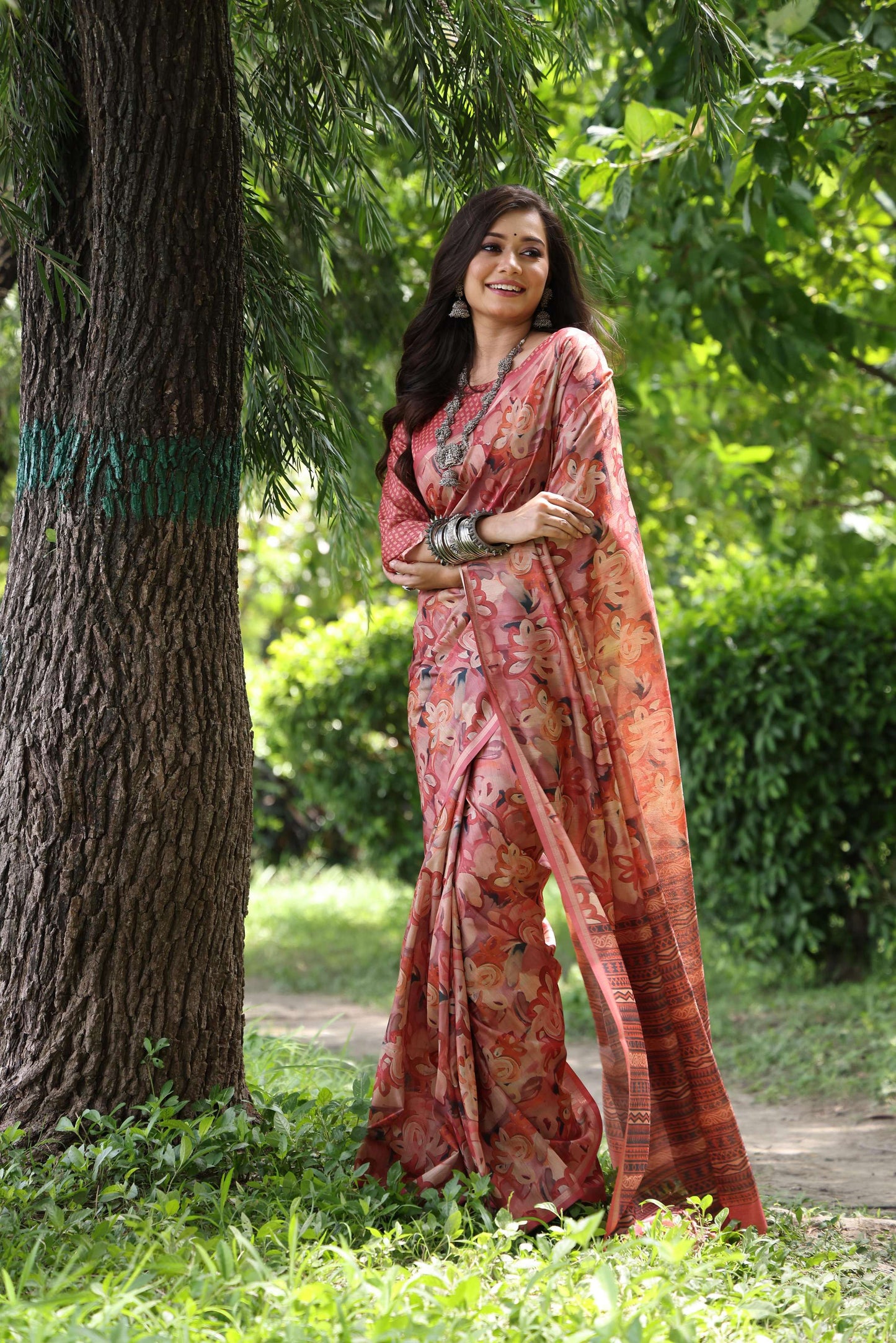 Jyoti Fashion Women's Maroon Soft Tussar Silk Printed and Zari Woven Saree with Blouse | Swadesiicart