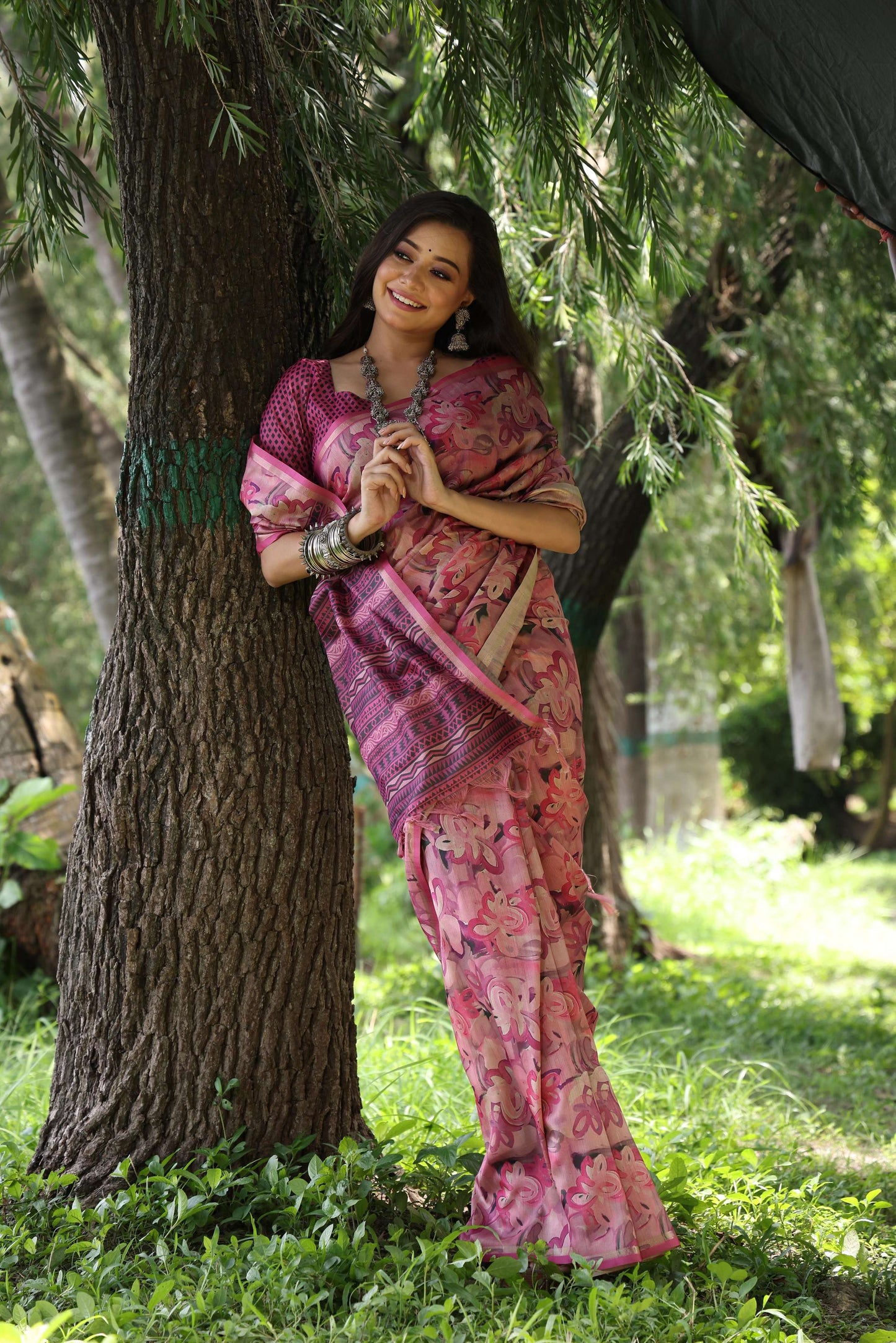 Jyoti Fashion Women's Wine Soft Tussar Silk Printed and Zari Woven Saree with Blouse | Swadesiicart