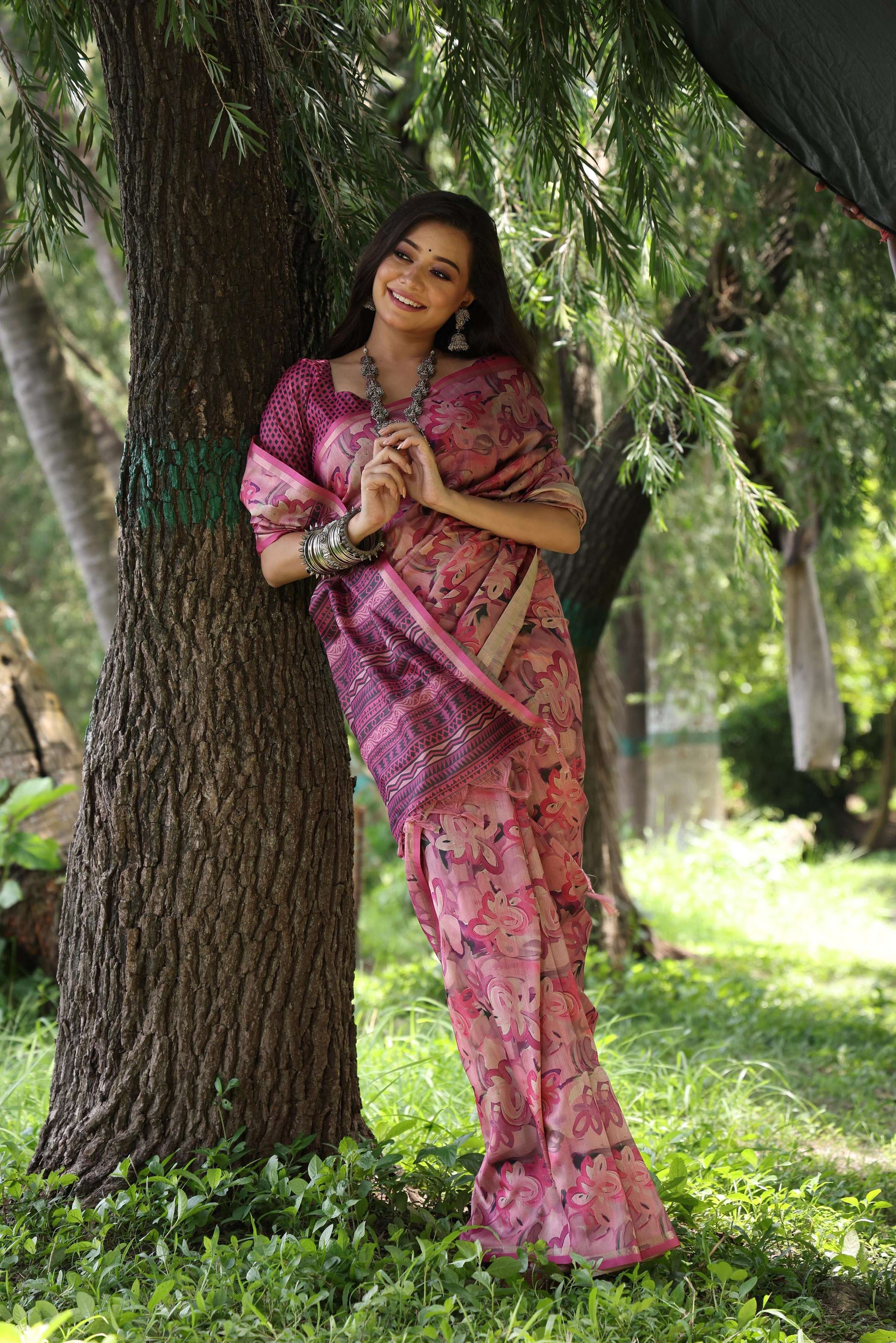 Jyoti Fashion Women's Wine Soft Tussar Silk Printed and Zari Woven Saree with Blouse | Swadesiicart
