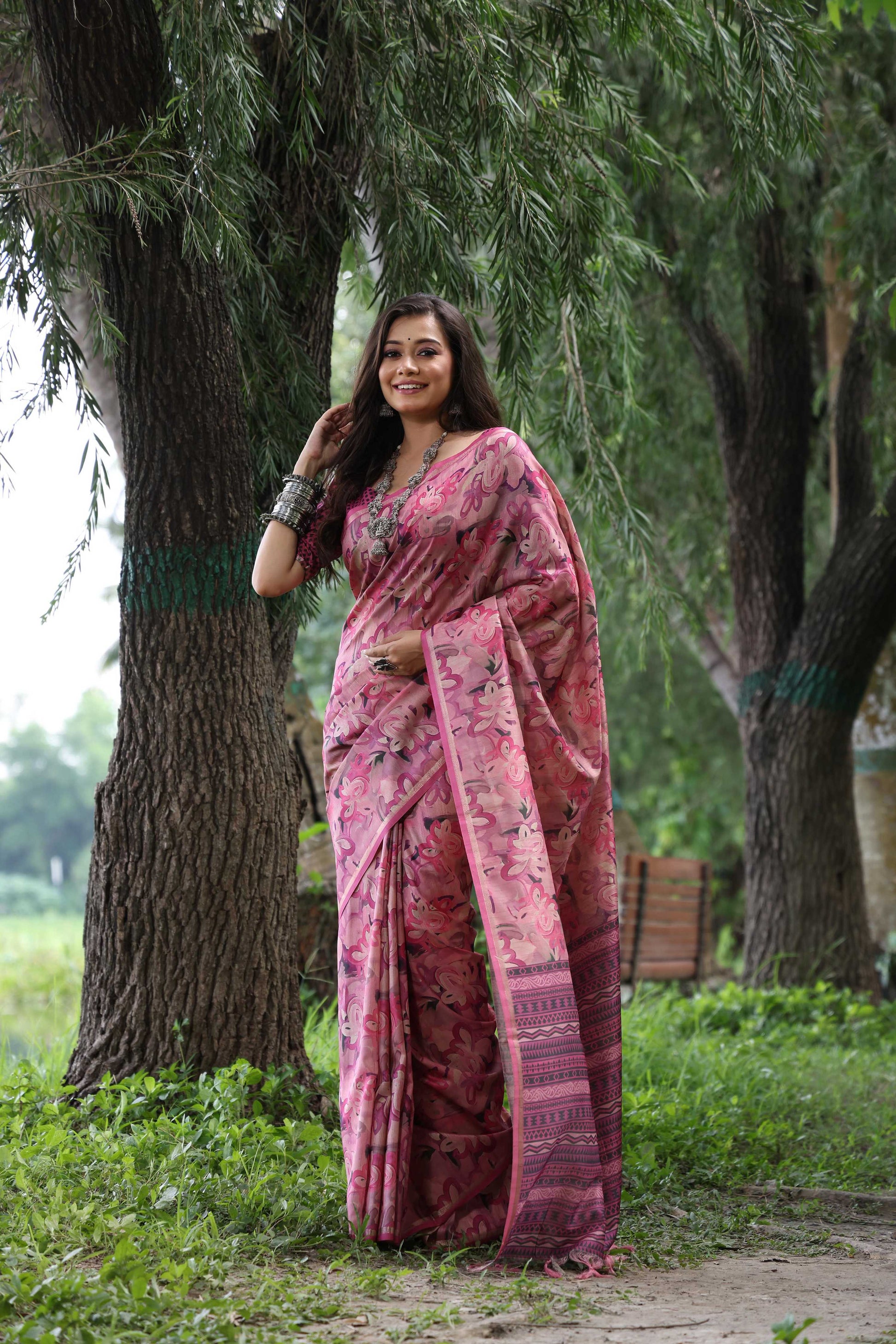 Jyoti Fashion Women's Wine Soft Tussar Silk Printed and Zari Woven Saree with Blouse | Swadesiicart