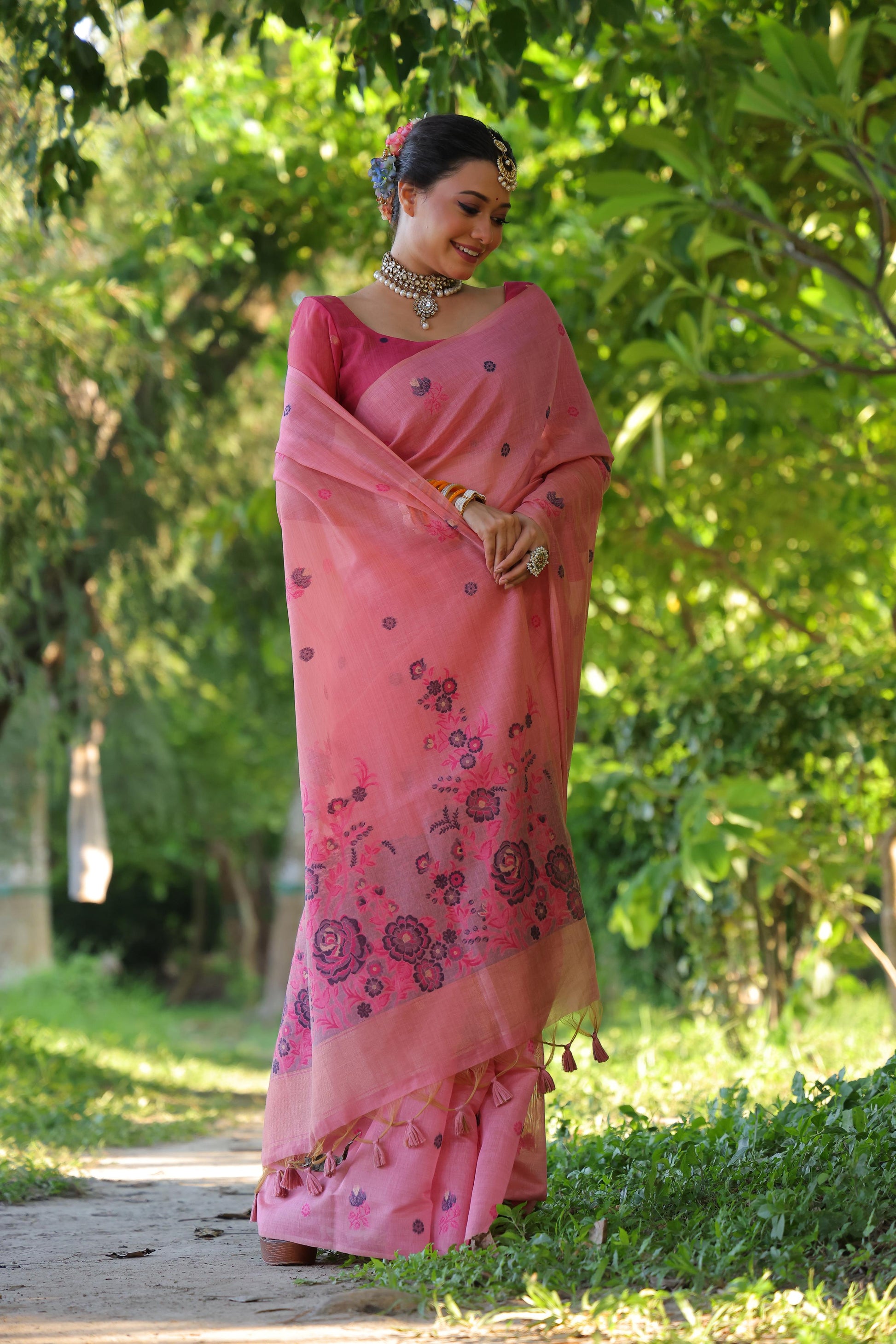 Jyoti Fashion Women's Pink Soft Muga Cotton Floral Weaving Traditional Saree with Blouse | Swadesiicart