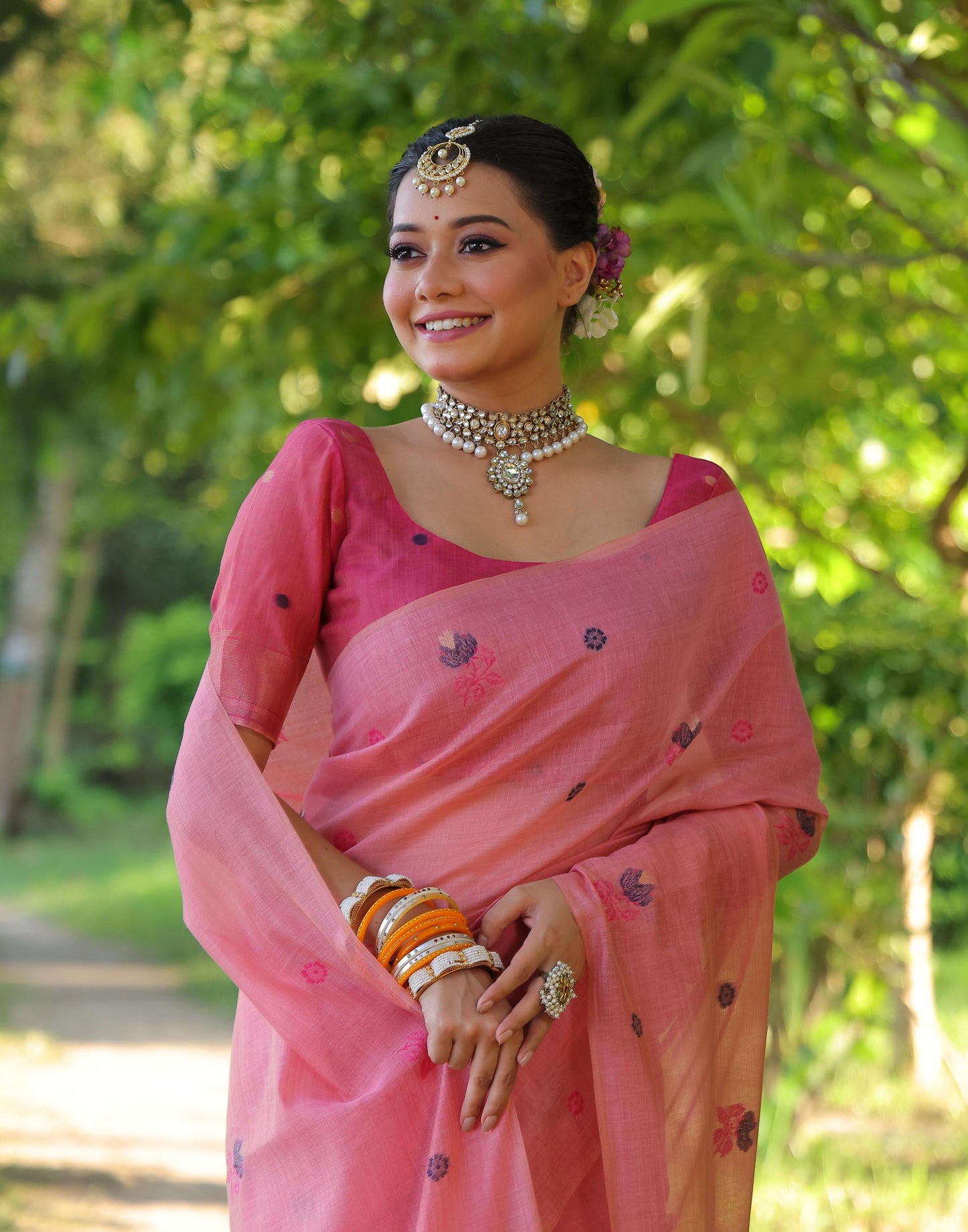 Jyoti Fashion Women's Pink Soft Muga Cotton Floral Weaving Traditional Saree with Blouse | Swadesiicart