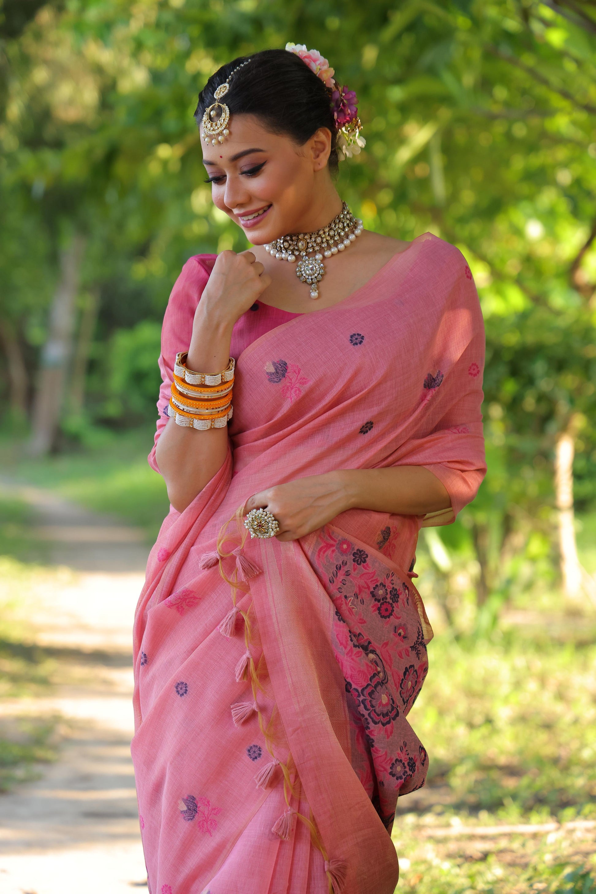 Jyoti Fashion Women's Pink Soft Muga Cotton Floral Weaving Traditional Saree with Blouse | Swadesiicart