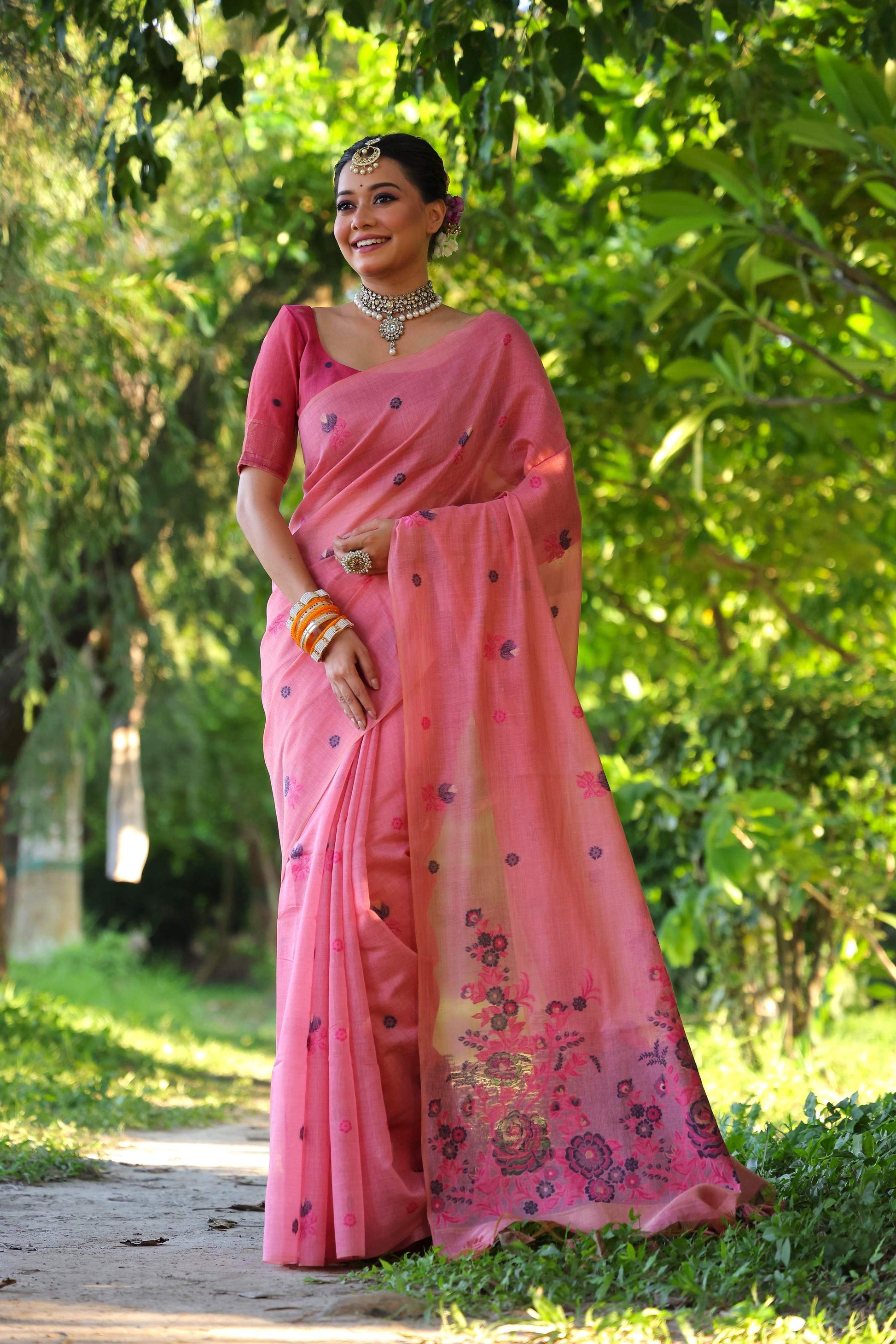 Jyoti Fashion Women's Pink Soft Muga Cotton Floral Weaving Traditional Saree with Blouse | Swadesiicart