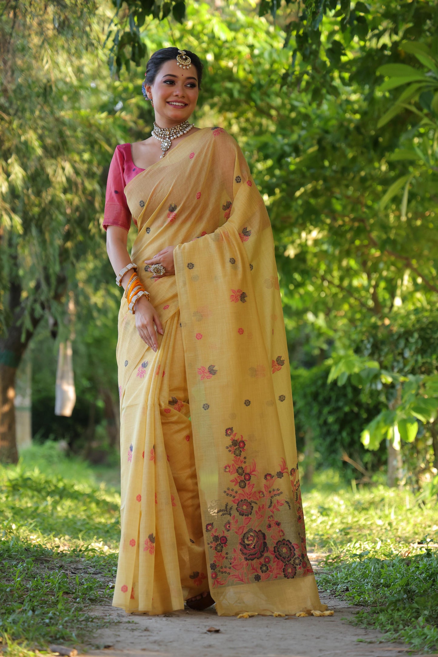 Jyoti Fashion Women's Mustard Soft Muga Cotton Floral Weaving Traditional Saree with Blouse | Swadesiicart
