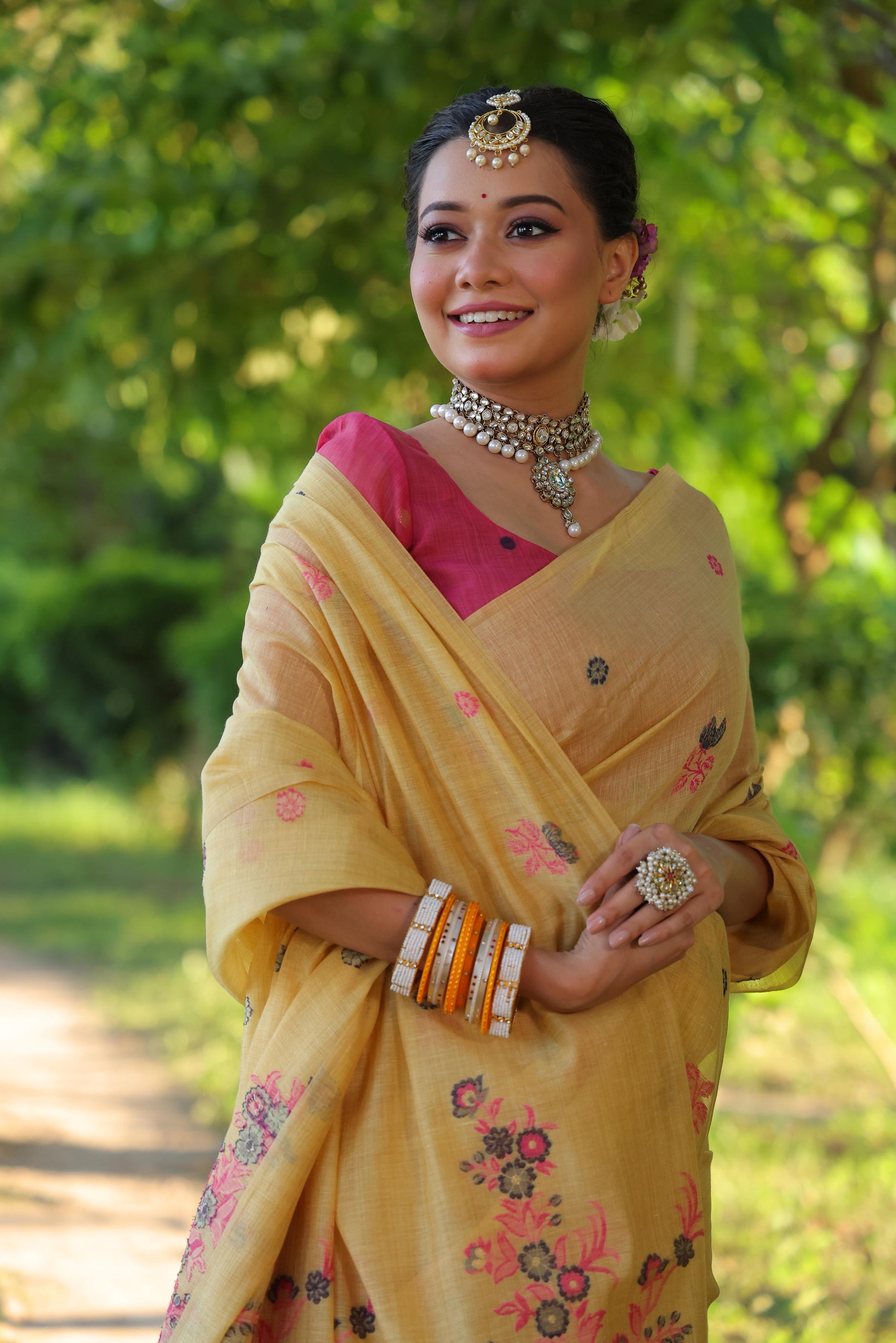 Jyoti Fashion Women's Mustard Soft Muga Cotton Floral Weaving Traditional Saree with Blouse | Swadesiicart