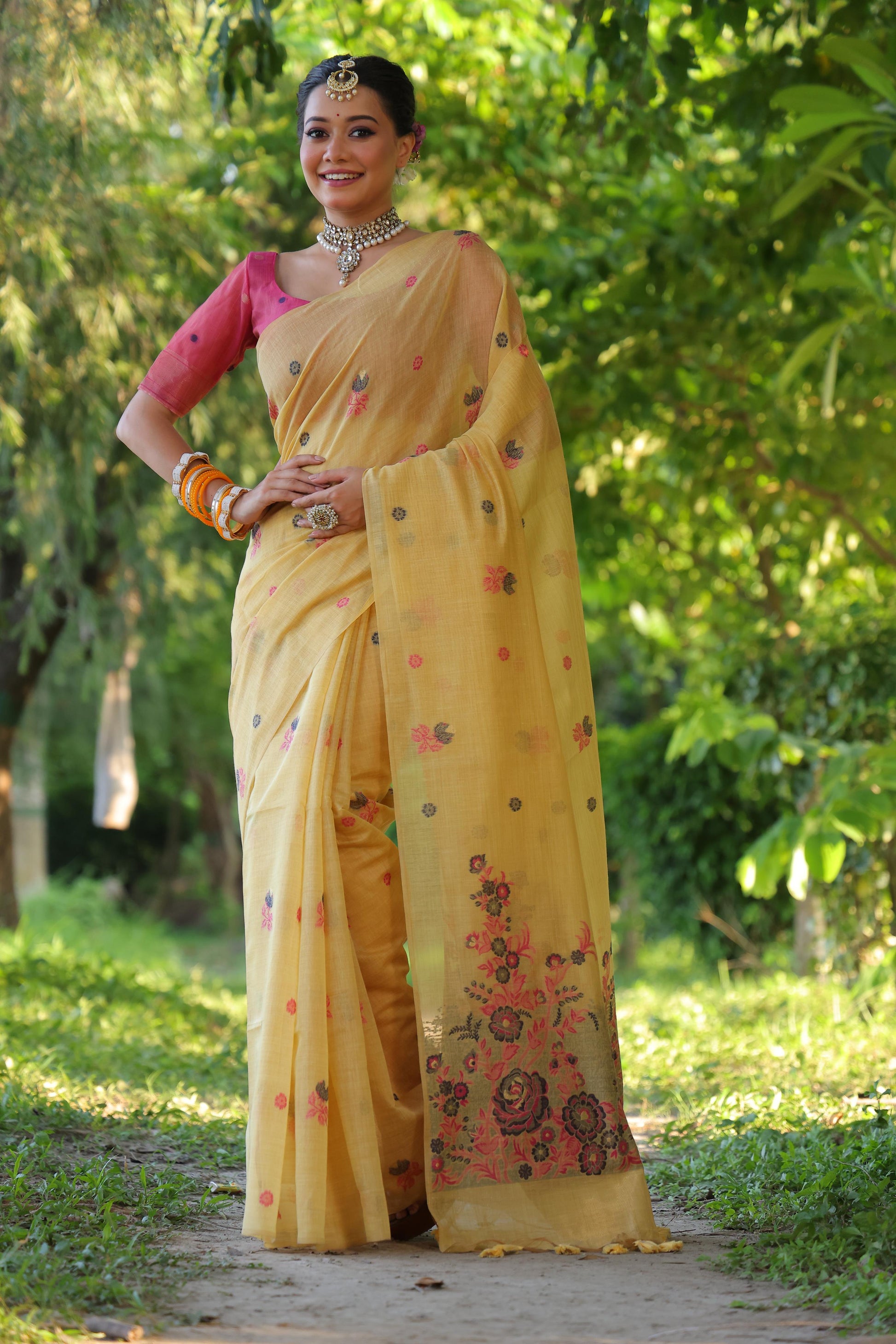Jyoti Fashion Women's Mustard Soft Muga Cotton Floral Weaving Traditional Saree with Blouse | Swadesiicart