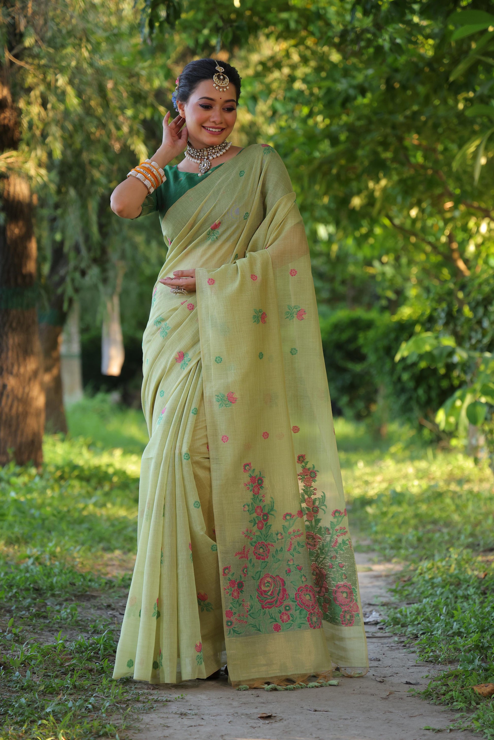 Jyoti Fashion Women's Sea Green Soft Muga Cotton Floral Weaving Traditional Saree with Blouse | Swadesiicart