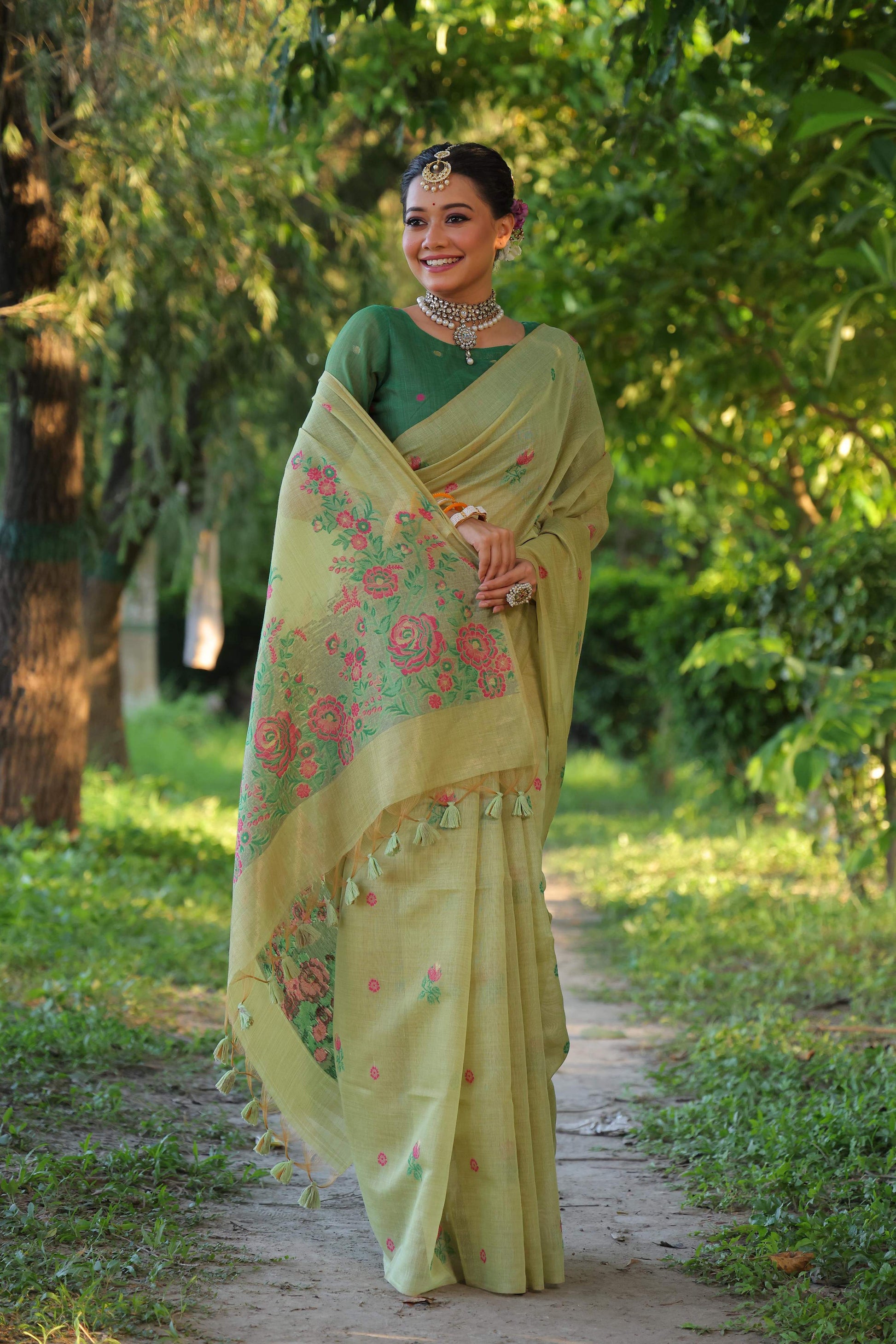 Jyoti Fashion Women's Sea Green Soft Muga Cotton Floral Weaving Traditional Saree with Blouse | Swadesiicart