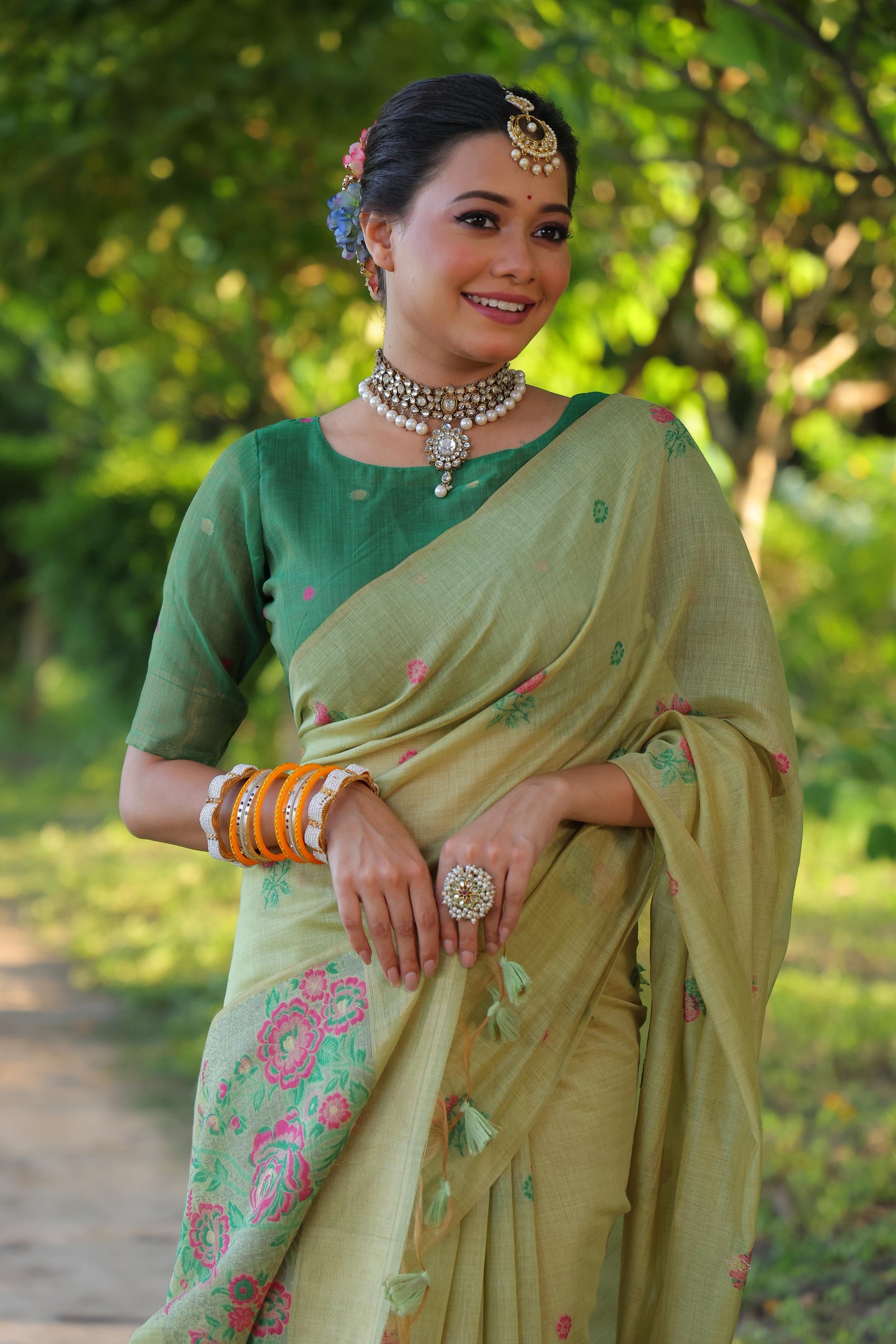 Jyoti Fashion Women's Sea Green Soft Muga Cotton Floral Weaving Traditional Saree with Blouse | Swadesiicart
