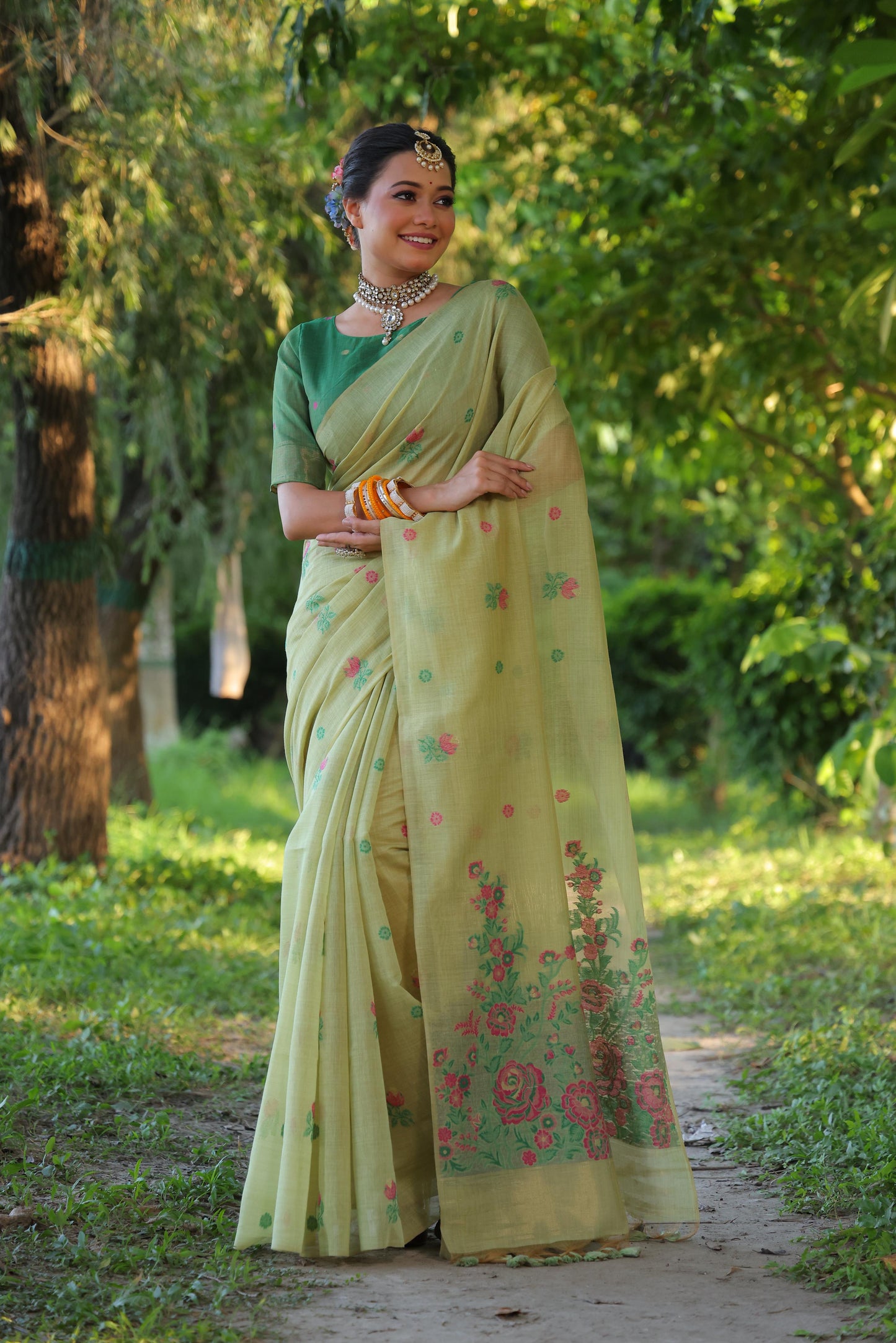 Jyoti Fashion Women's Sea Green Soft Muga Cotton Floral Weaving Traditional Saree with Blouse | Swadesiicart