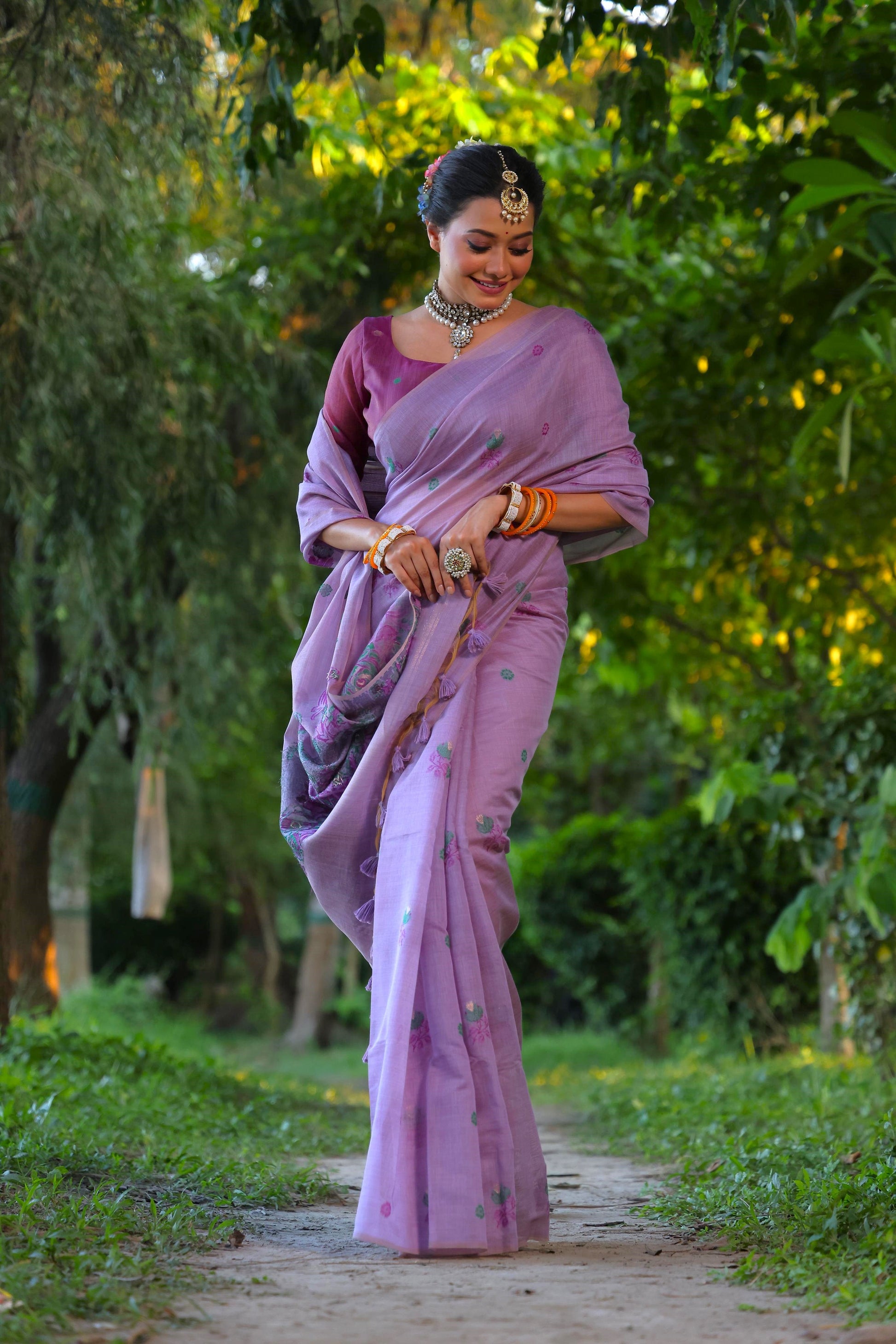 Jyoti Fashion Women's Purple Soft Muga Cotton Floral Weaving Traditional Saree with Blouse | Swadesiicart