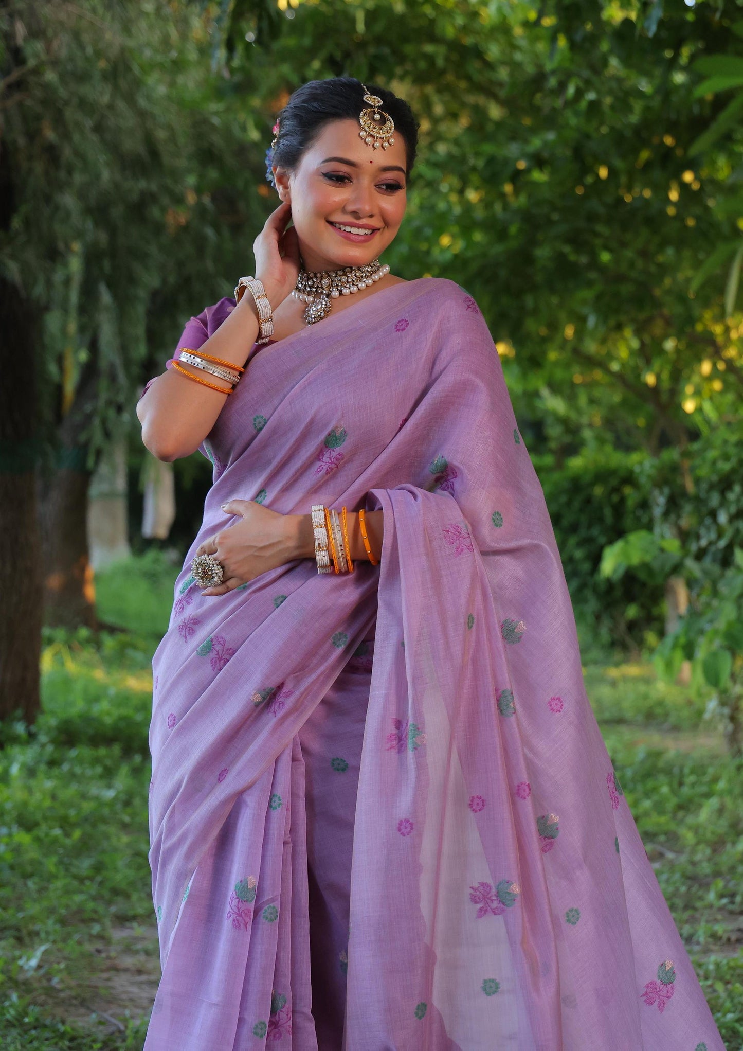 Jyoti Fashion Women's Purple Soft Muga Cotton Floral Weaving Traditional Saree with Blouse | Swadesiicart