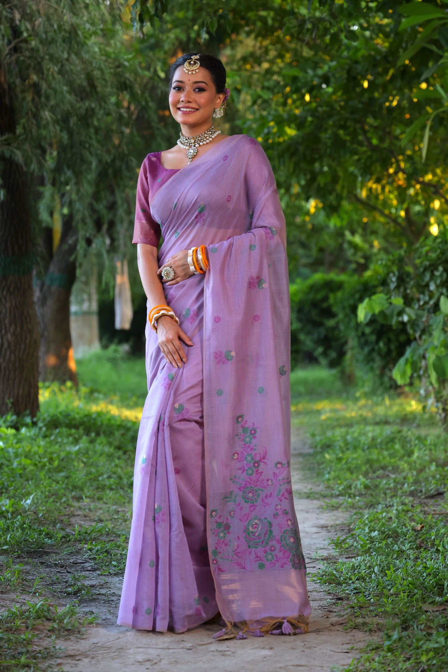 Jyoti Fashion Women's Purple Soft Muga Cotton Floral Weaving Traditional Saree with Blouse | Swadesiicart