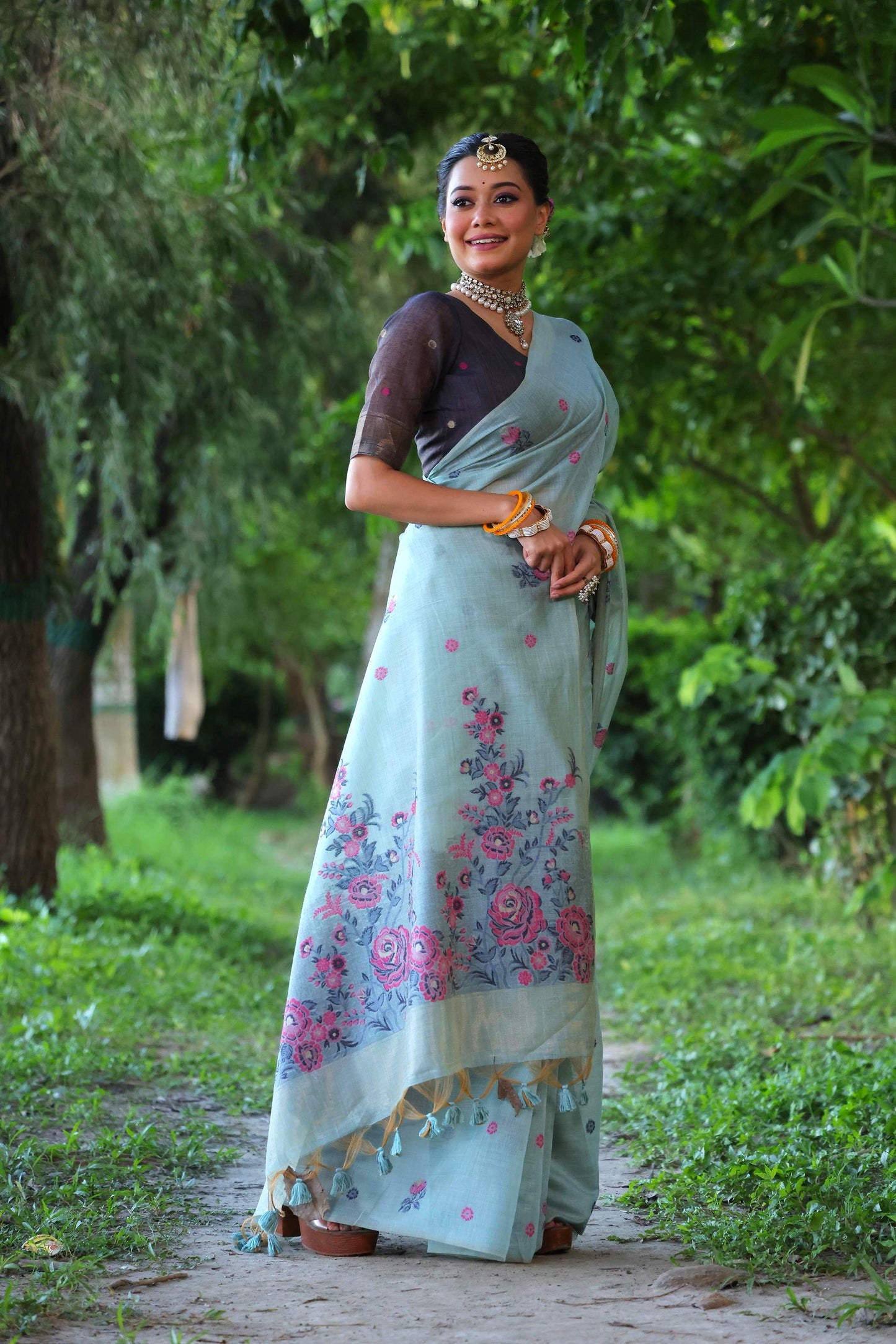 Jyoti Fashion Women's Sky Blue Soft Muga Cotton Floral Weaving Traditional Saree with Blouse | Swadesiicart