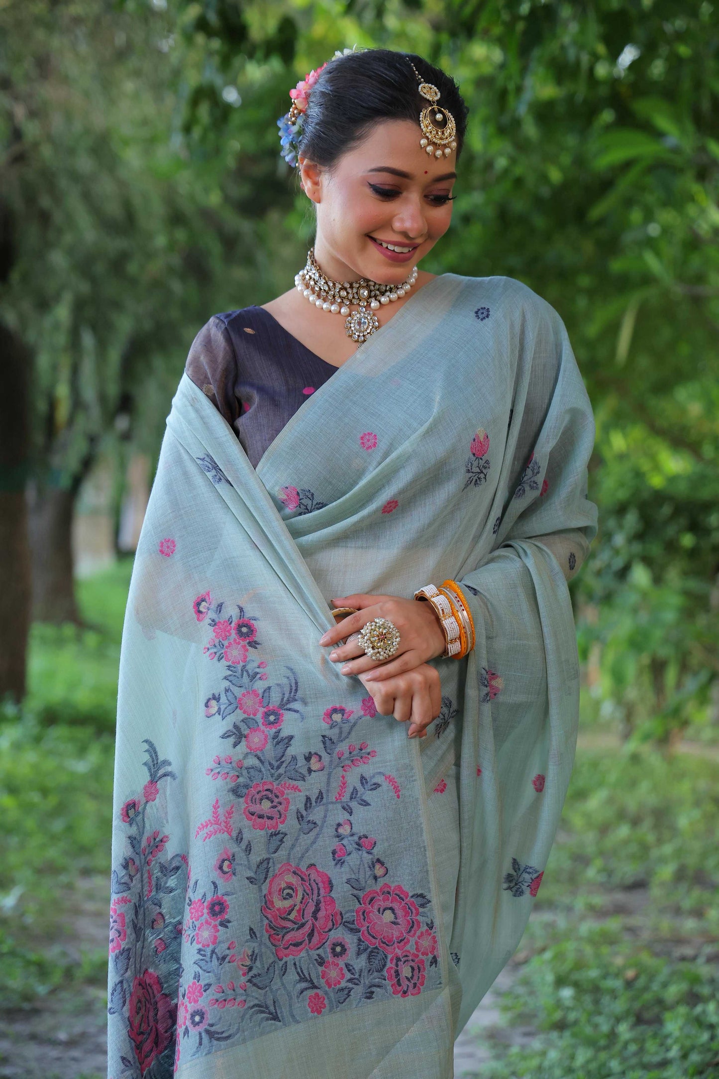 Jyoti Fashion Women's Sky Blue Soft Muga Cotton Floral Weaving Traditional Saree with Blouse | Swadesiicart