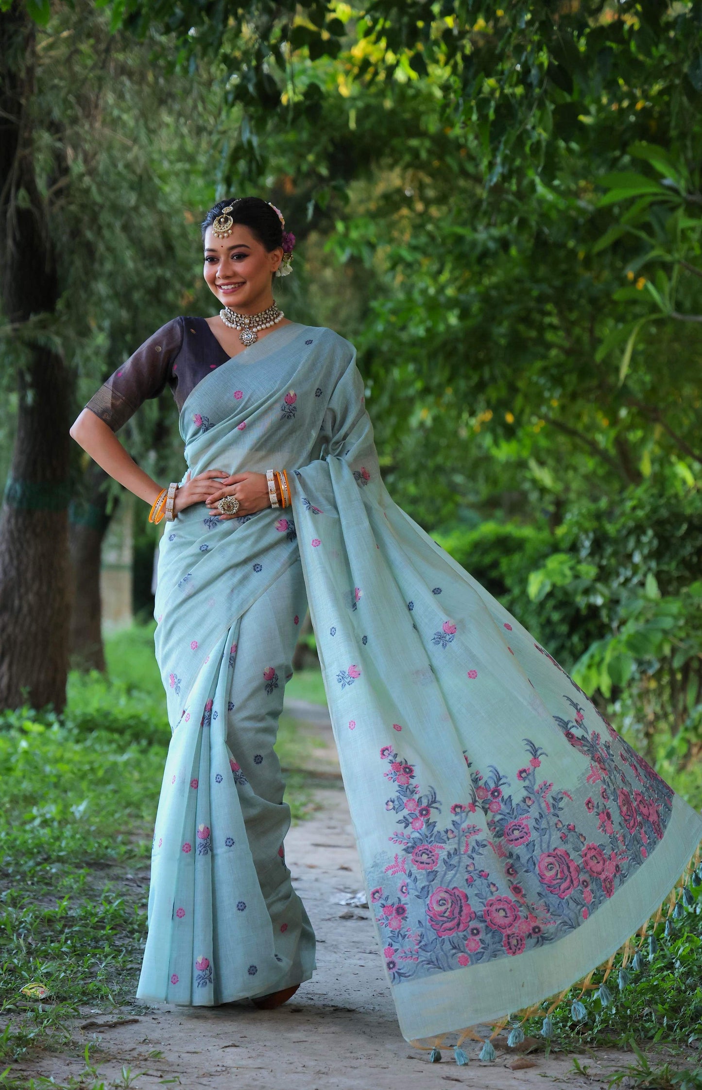 Jyoti Fashion Women's Sky Blue Soft Muga Cotton Floral Weaving Traditional Saree with Blouse | Swadesiicart