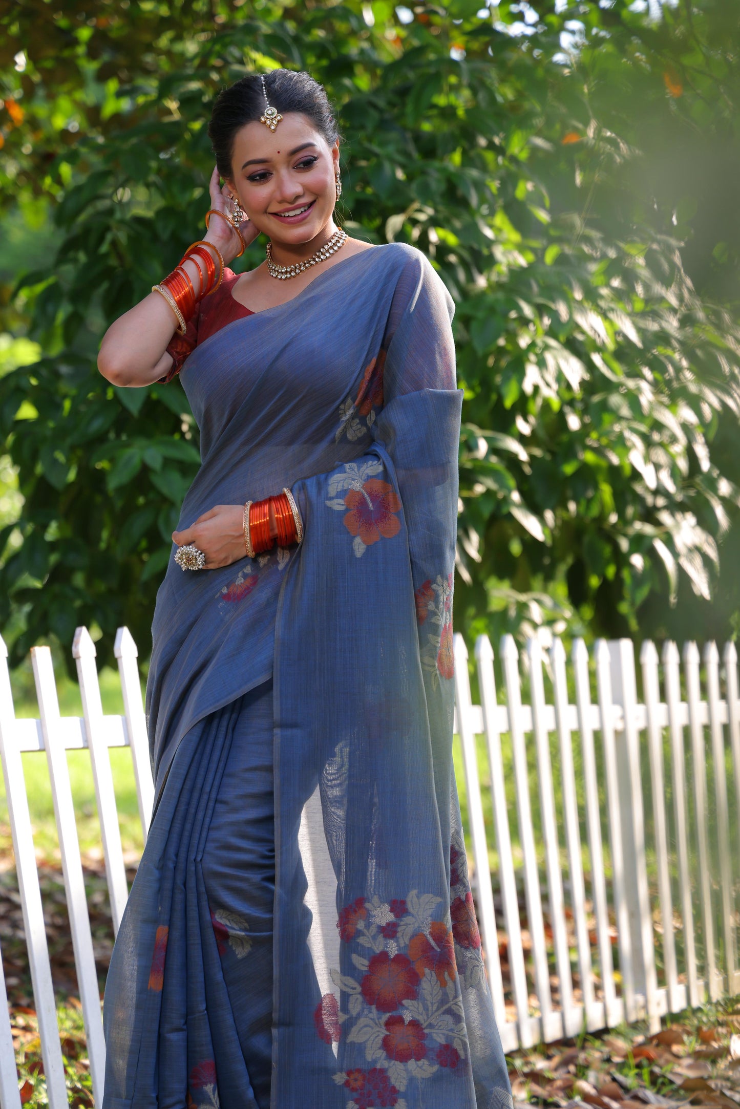 Jyoti Fashion Women's Blue Soft Muga Cotton Resham Jamdani Weaving Traditional Saree with Blouse | Swadesiicart