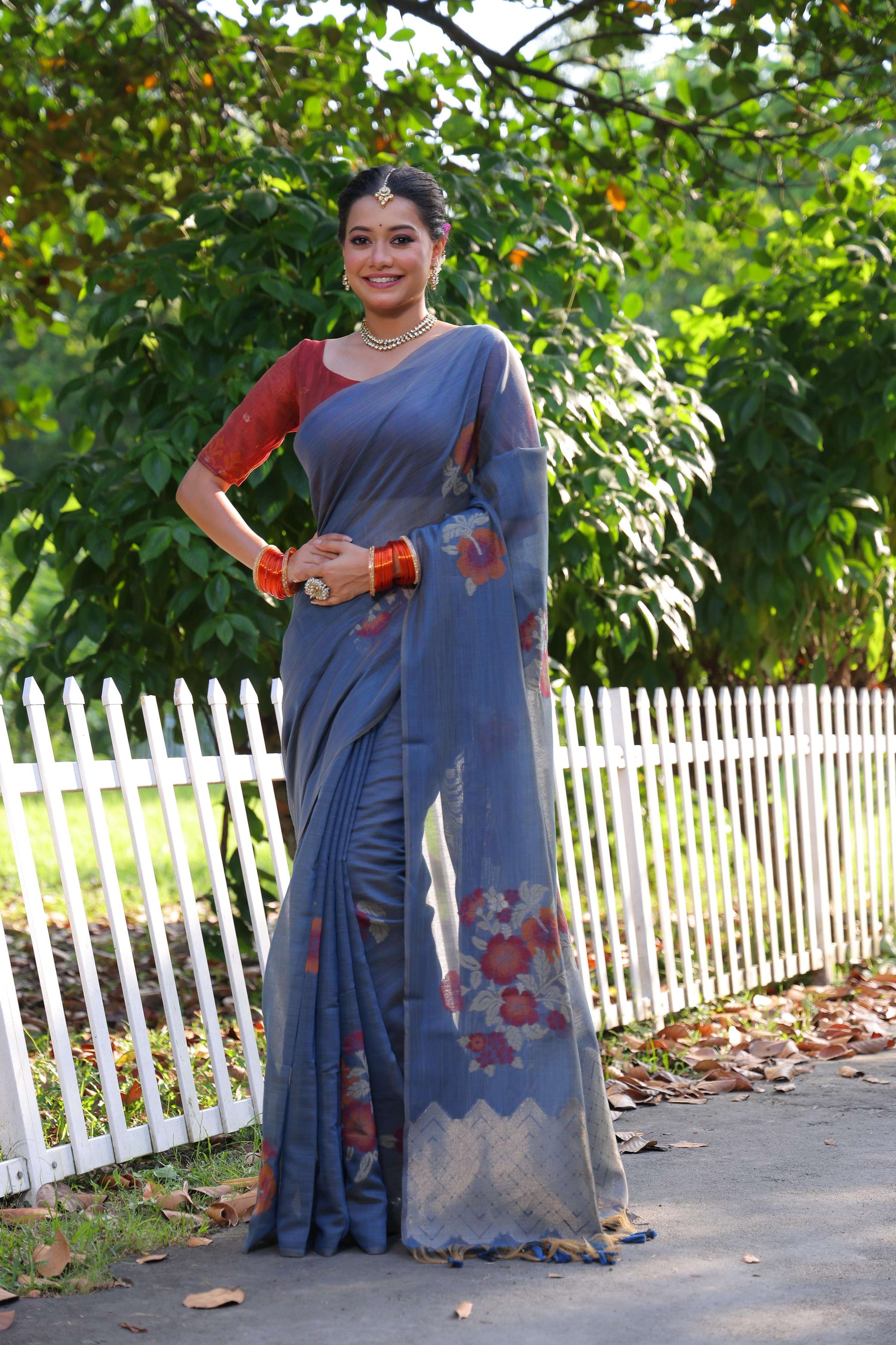Jyoti Fashion Women's Blue Soft Muga Cotton Resham Jamdani Weaving Traditional Saree with Blouse | Swadesiicart
