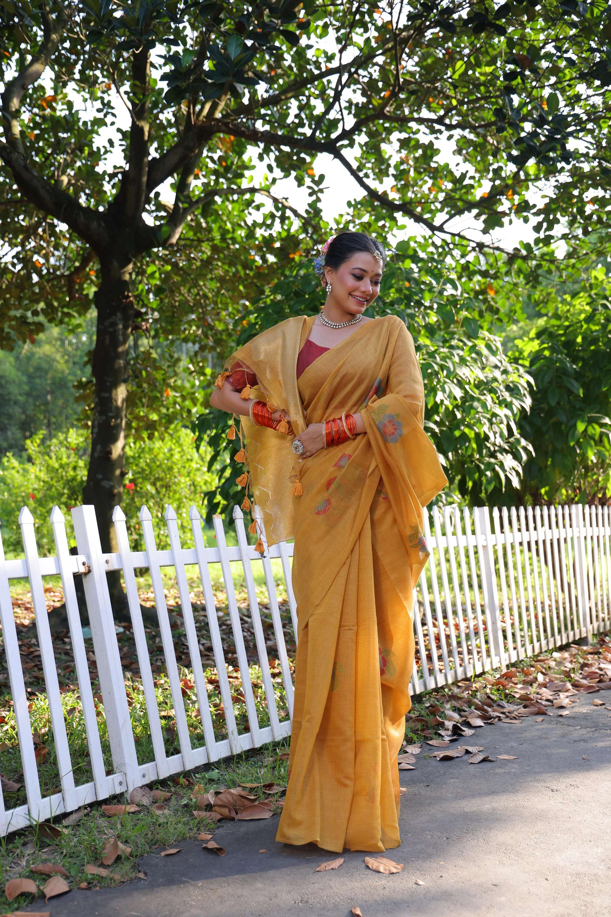 Jyoti Fashion Women's Mustard Soft Muga Cotton Resham Jamdani Weaving Traditional Saree with Blouse | Swadesiicart