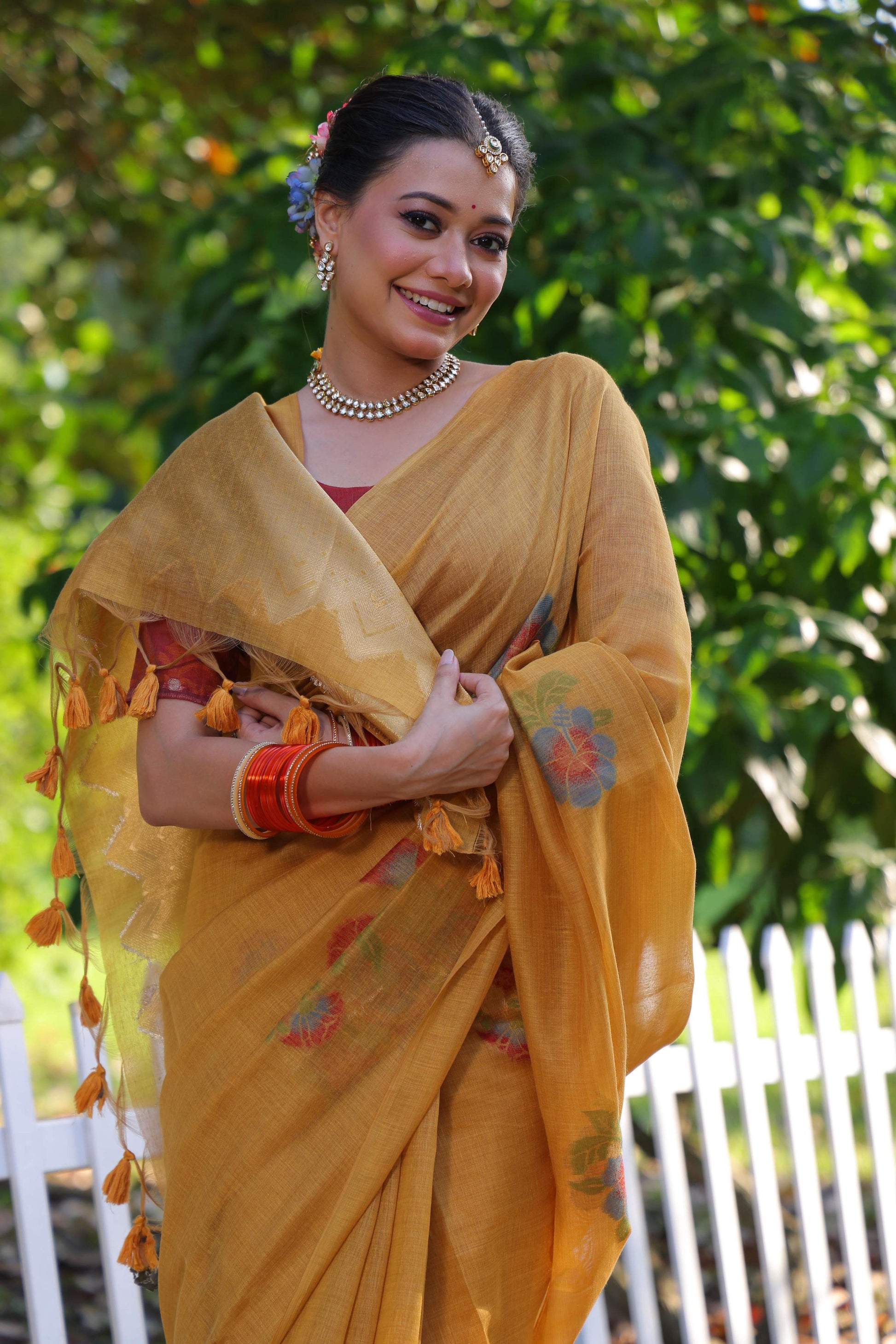 Jyoti Fashion Women's Mustard Soft Muga Cotton Resham Jamdani Weaving Traditional Saree with Blouse | Swadesiicart