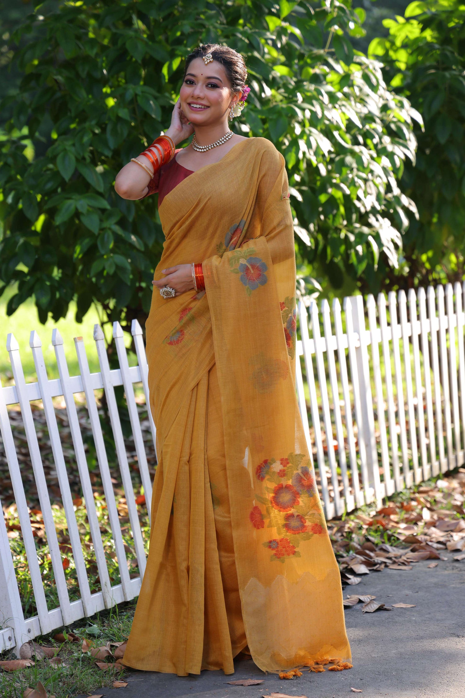 Jyoti Fashion Women's Mustard Soft Muga Cotton Resham Jamdani Weaving Traditional Saree with Blouse | Swadesiicart
