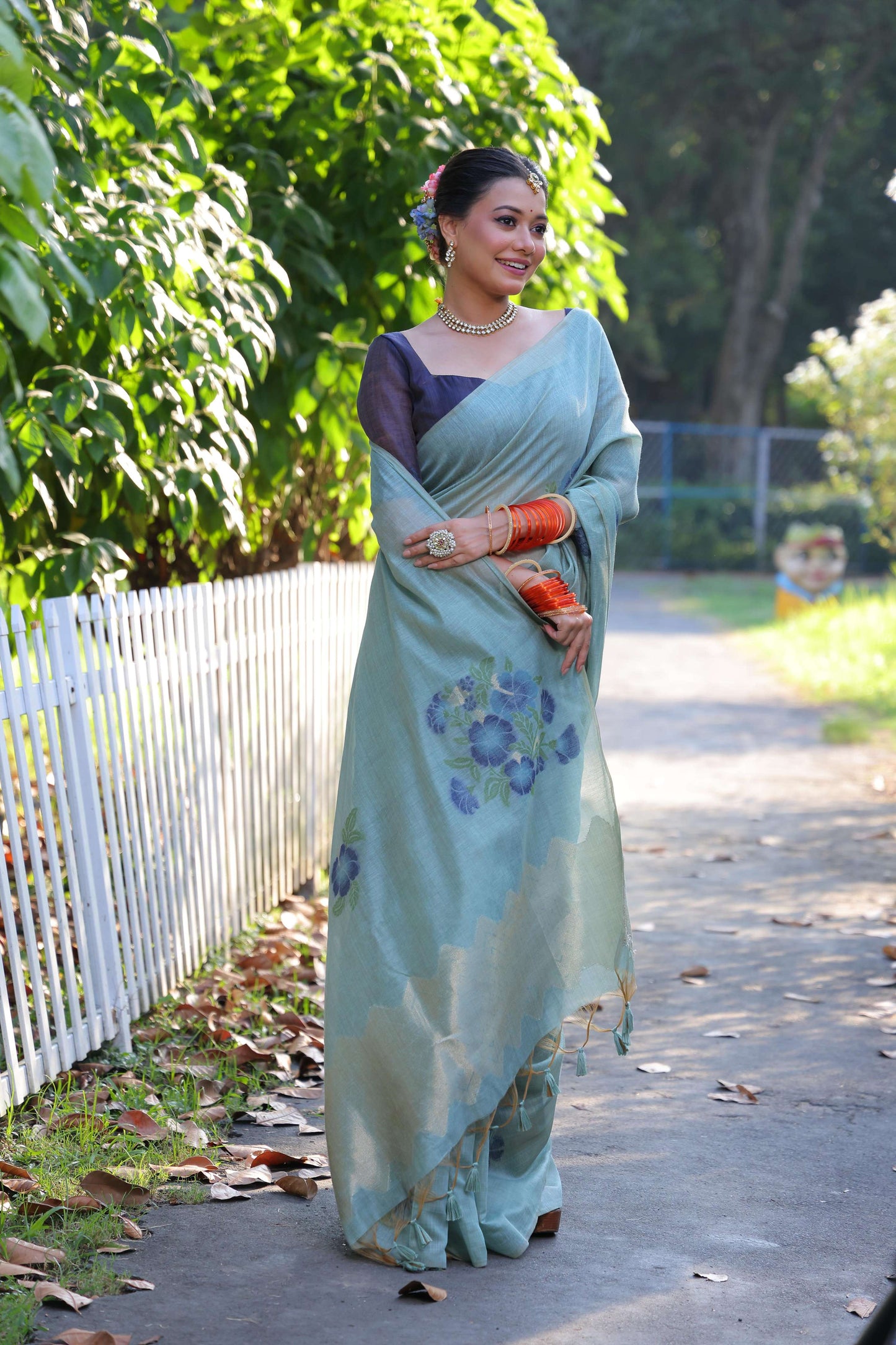 Jyoti Fashion Women's Sky Blue Soft Muga Cotton Resham Jamdani Weaving Traditional Saree with Blouse | Swadesiicart