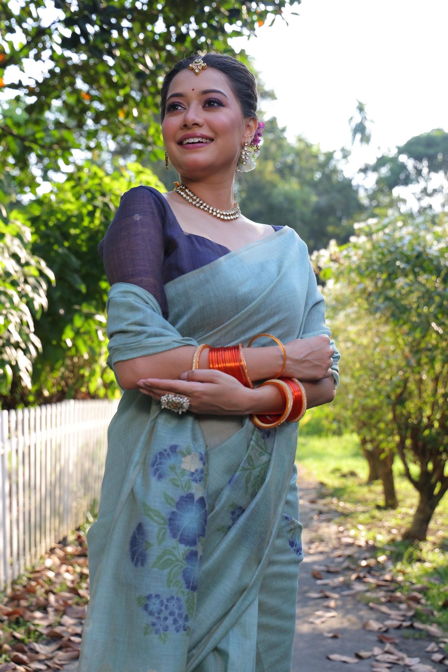 Jyoti Fashion Women's Sky Blue Soft Muga Cotton Resham Jamdani Weaving Traditional Saree with Blouse | Swadesiicart