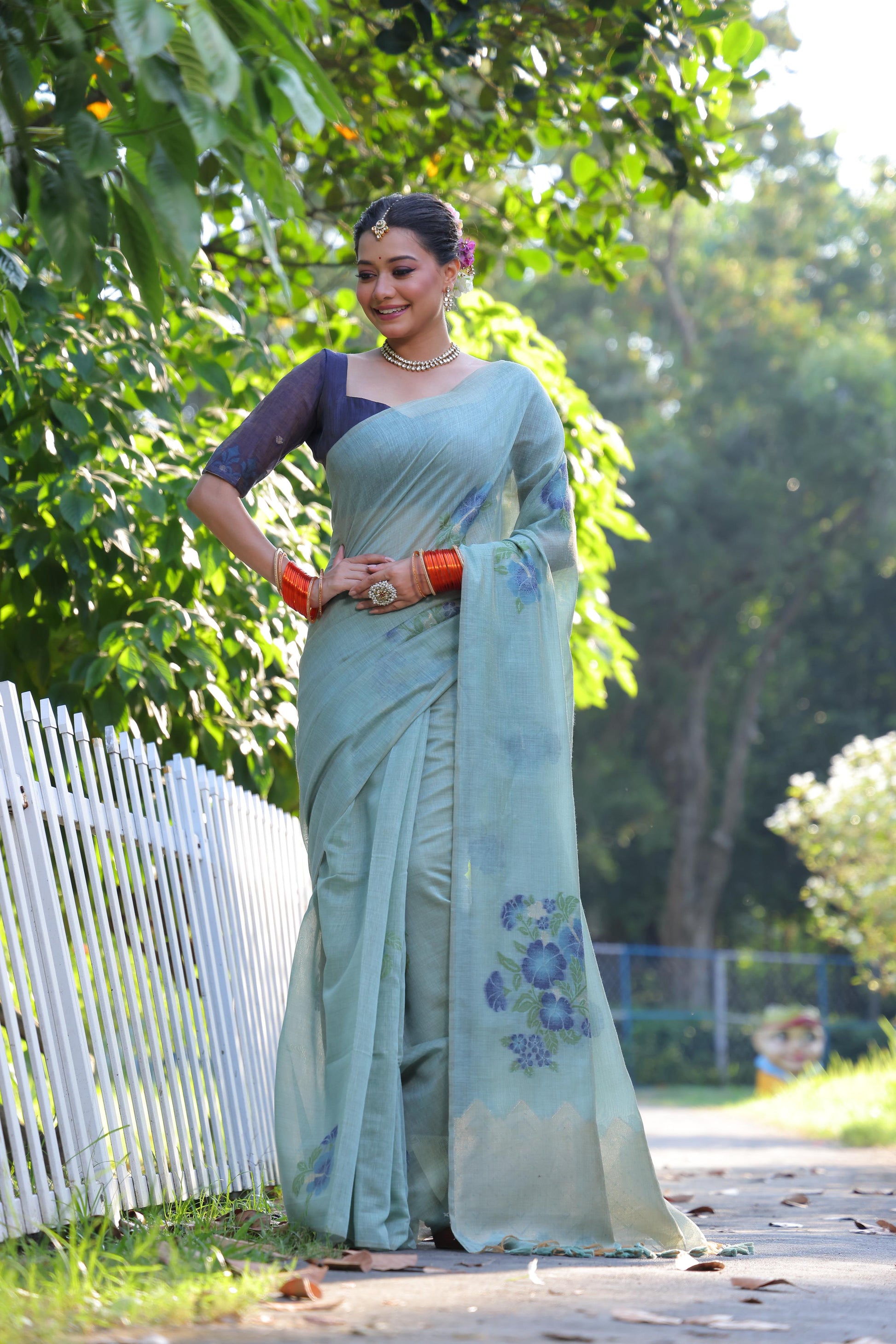 Jyoti Fashion Women's Sky Blue Soft Muga Cotton Resham Jamdani Weaving Traditional Saree with Blouse | Swadesiicart