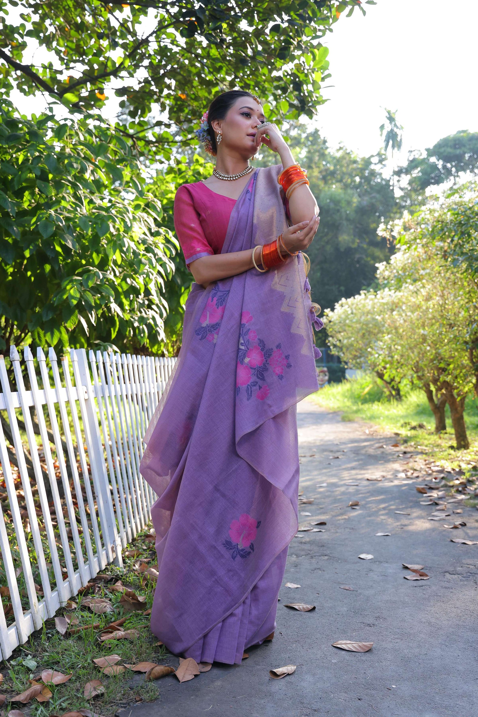 Jyoti Fashion Women's Purple Soft Muga Cotton Resham Jamdani Weaving Traditional Saree with Blouse | Swadesiicart