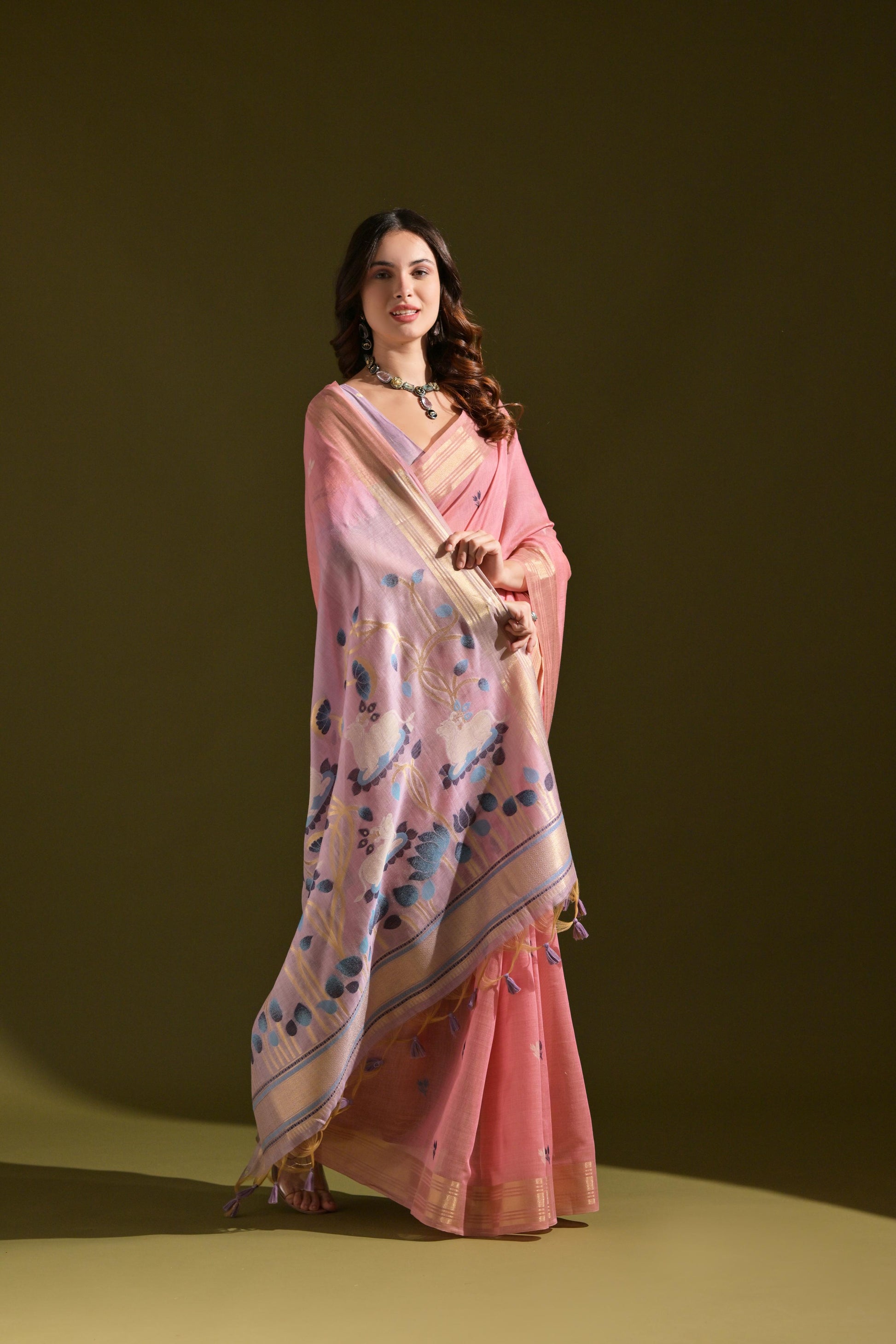 Jyoti Fashion Women's Baby Pink Soft Muga Cotton Resham Zari Weaving Traditional Saree with Blouse | Swadesiicart