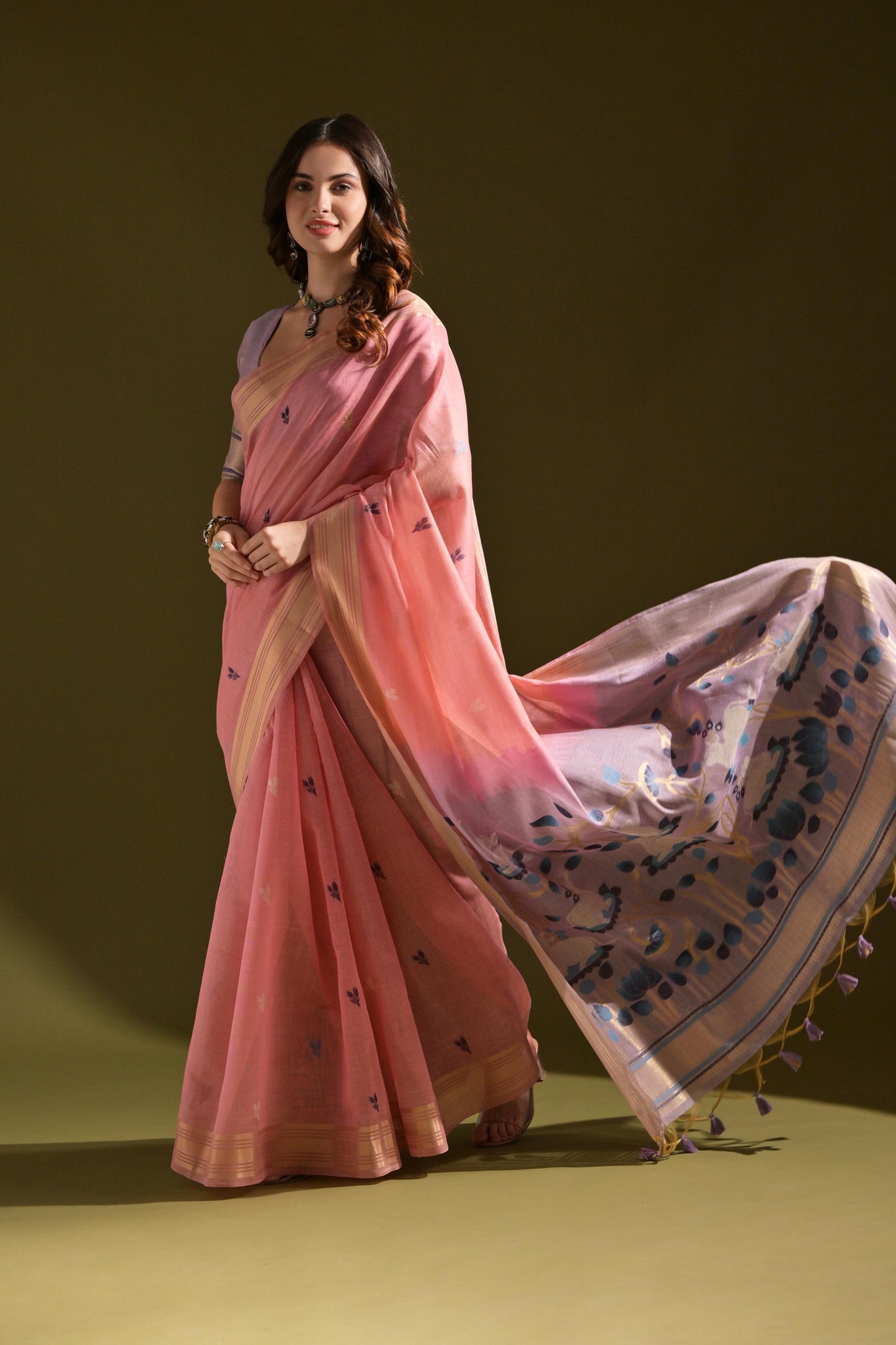 Jyoti Fashion Women's Baby Pink Soft Muga Cotton Resham Zari Weaving Traditional Saree with Blouse | Swadesiicart