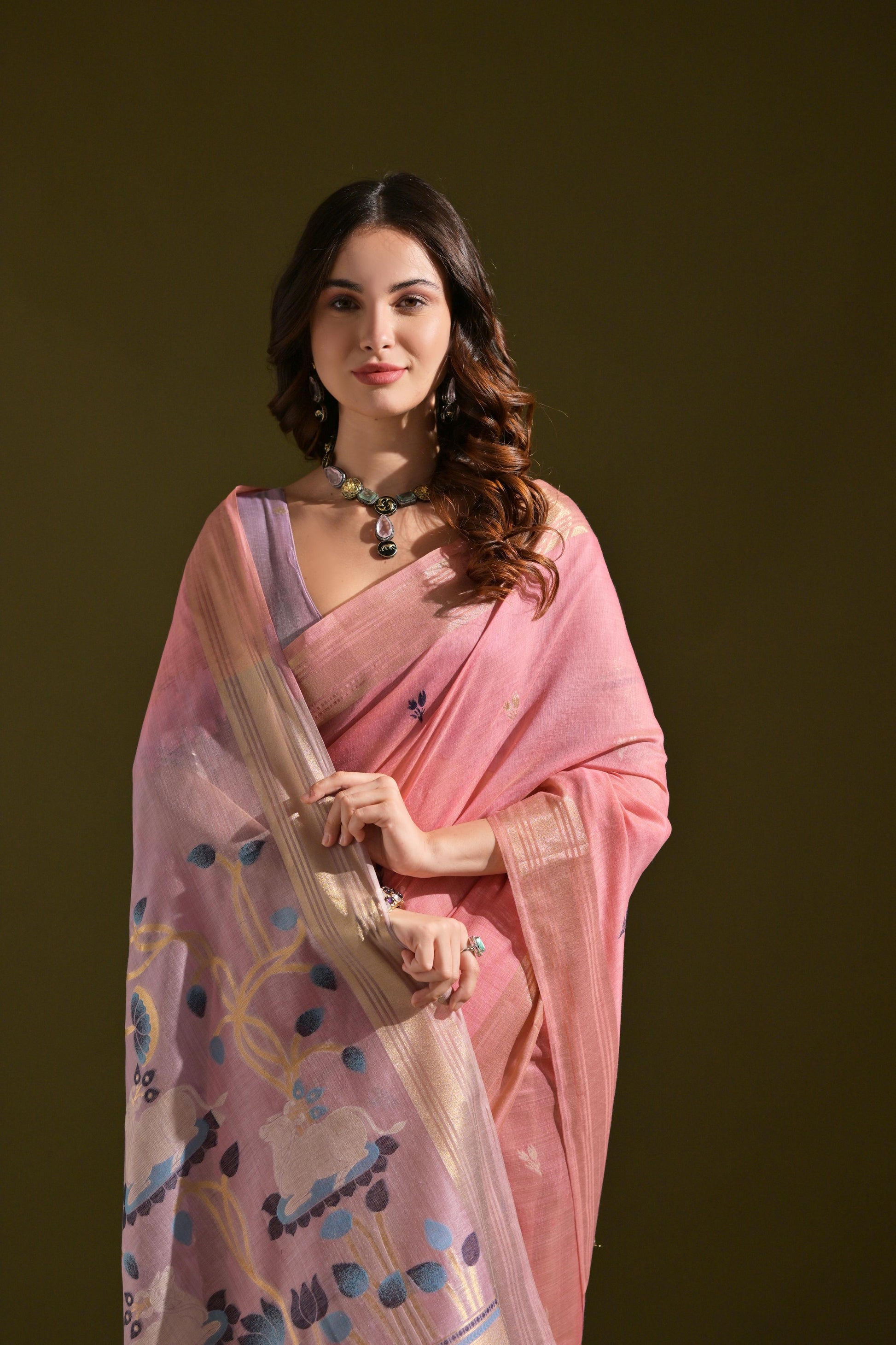 Jyoti Fashion Women's Baby Pink Soft Muga Cotton Resham Zari Weaving Traditional Saree with Blouse | Swadesiicart