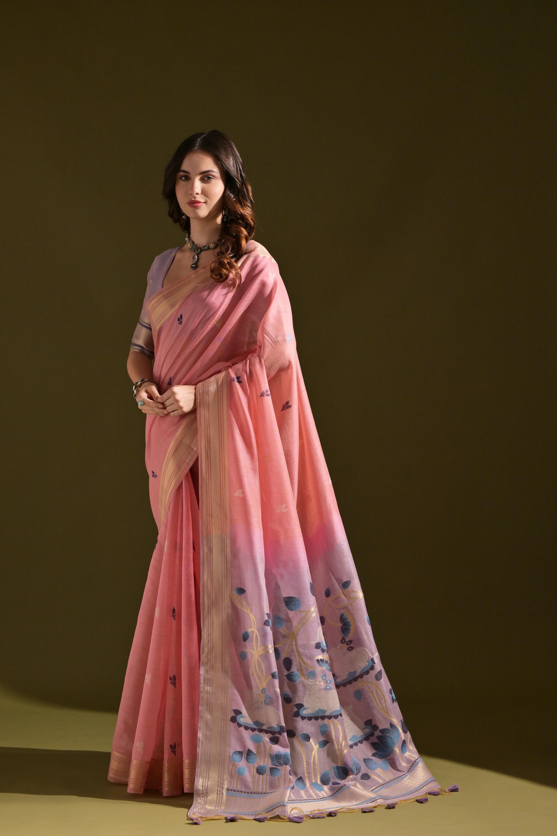 Jyoti Fashion Women's Baby Pink Soft Muga Cotton Resham Zari Weaving Traditional Saree with Blouse | Swadesiicart