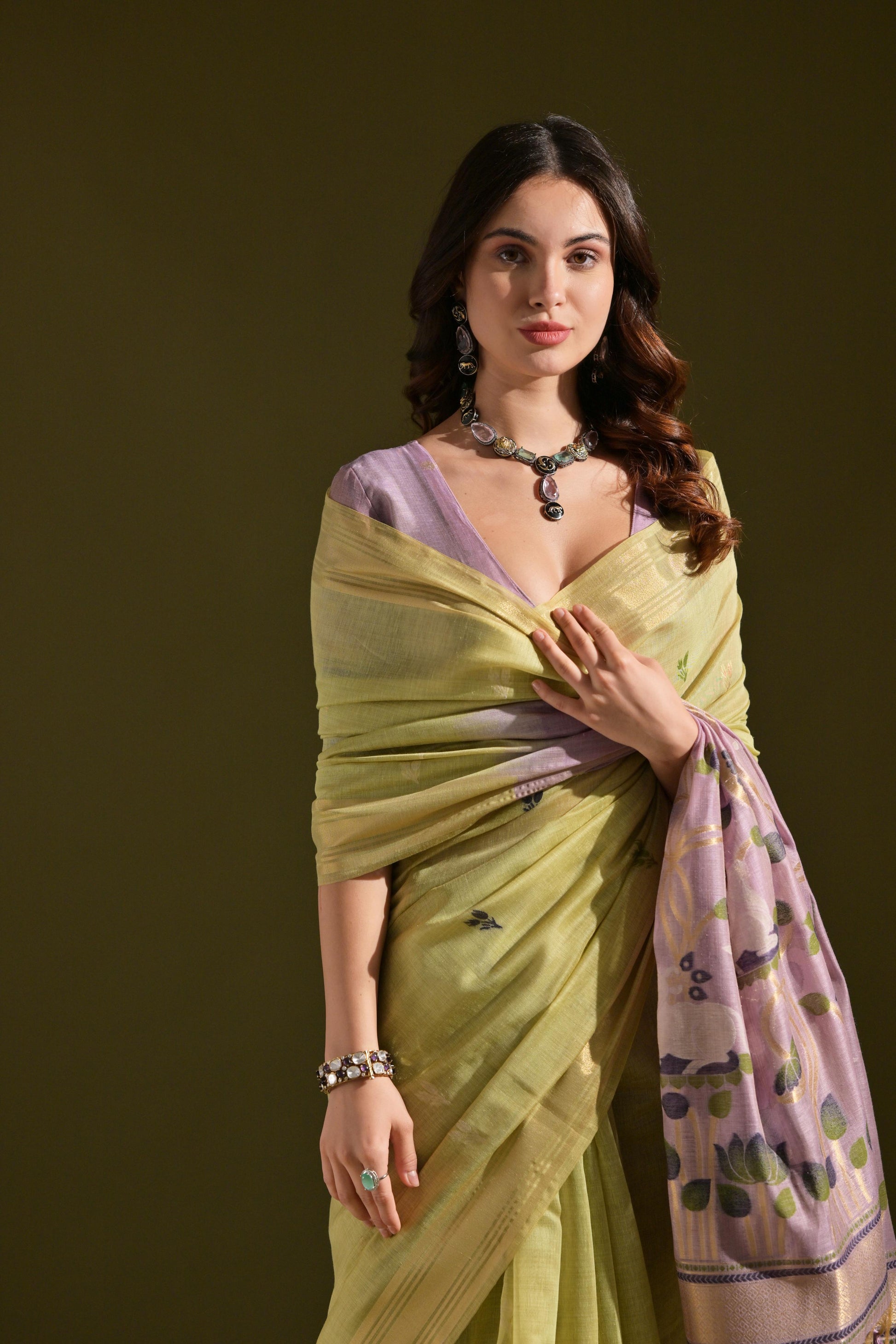 Jyoti Fashion Women's Green Soft Muga Cotton Resham Zari Weaving Traditional Saree with Blouse | Swadesiicart